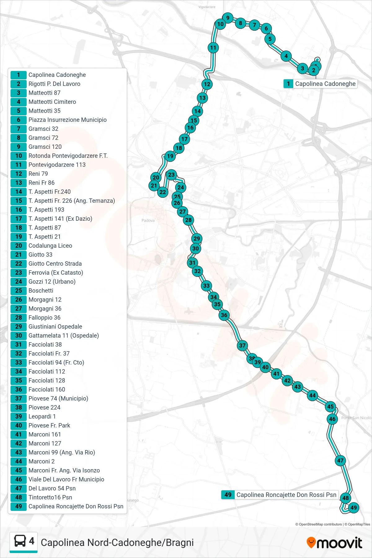 Linea 4 tram (Cadoneghe > Capolinea Roncajette (Don Rossi Psn)) - Percorsi e fermate sulla mappa