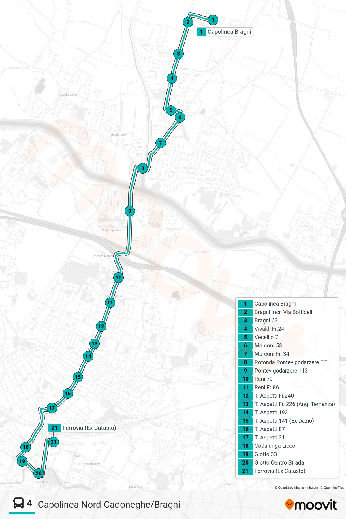 Linea 4 tram (Capolinea Bragni > Ferrovia (Ex Catasto)) - Percorsi e fermate sulla mappa