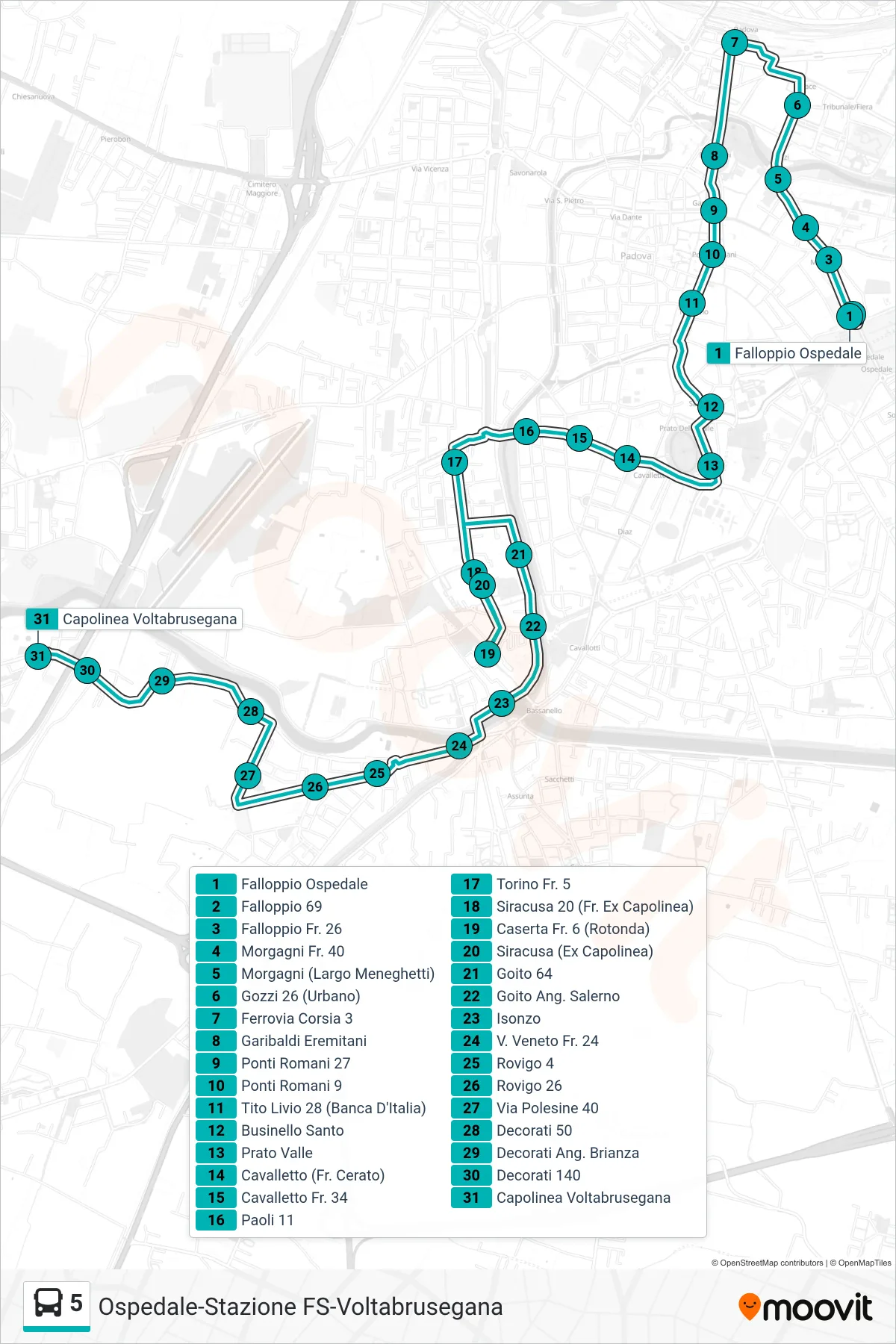 Linea 5  tram (Ospedale > Ferrovia > Capolinea Voltabrusegana) - Percorsi e fermate sulla mappa
