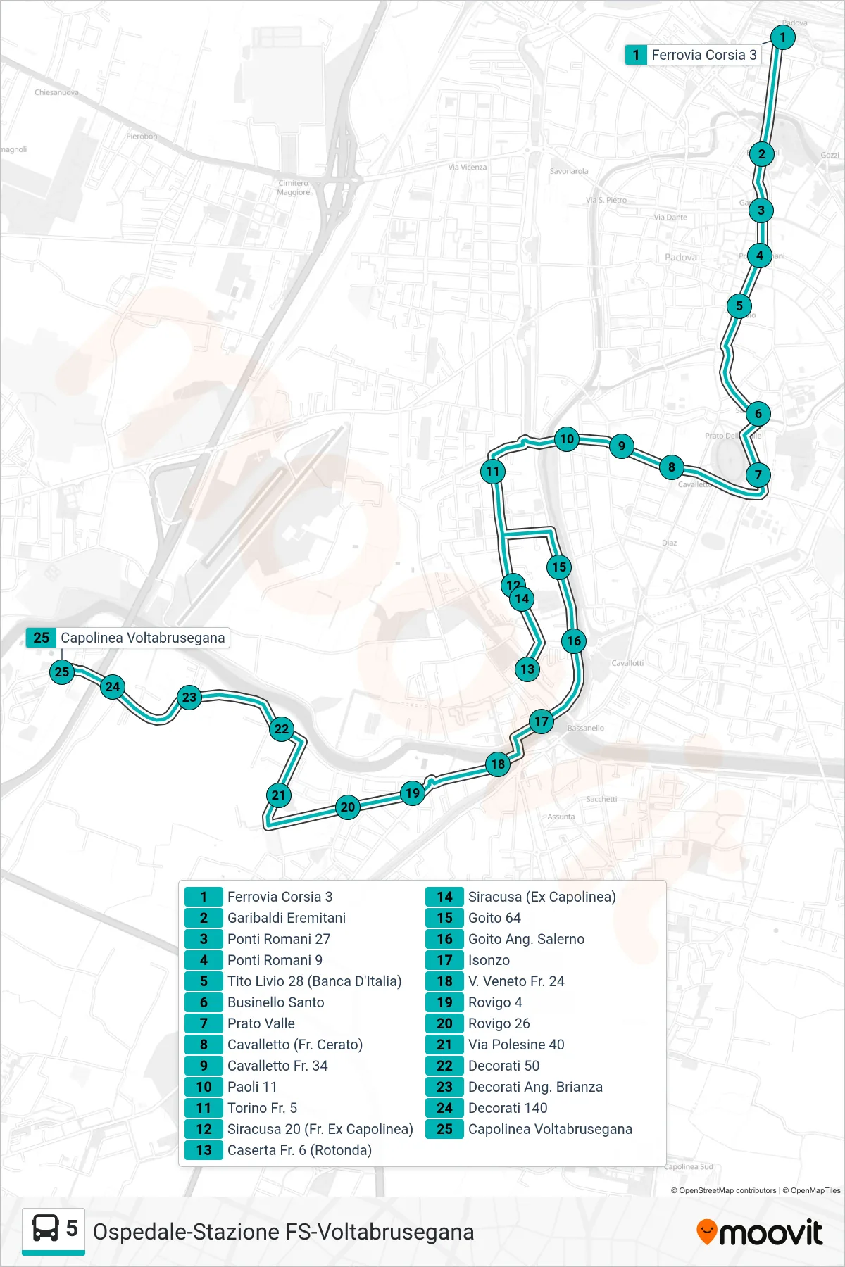 Linea 5 tram (Ferrovia > Capolinea Voltabrusegana) - Percorsi e fermate sulla mappa