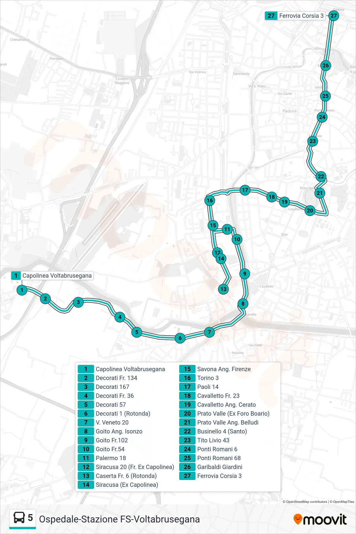 Linea 5 tram (Capolinea Voltabrusegana > Ferrovia (Ex Catasto)) - Percorsi e fermate sulla mappa
