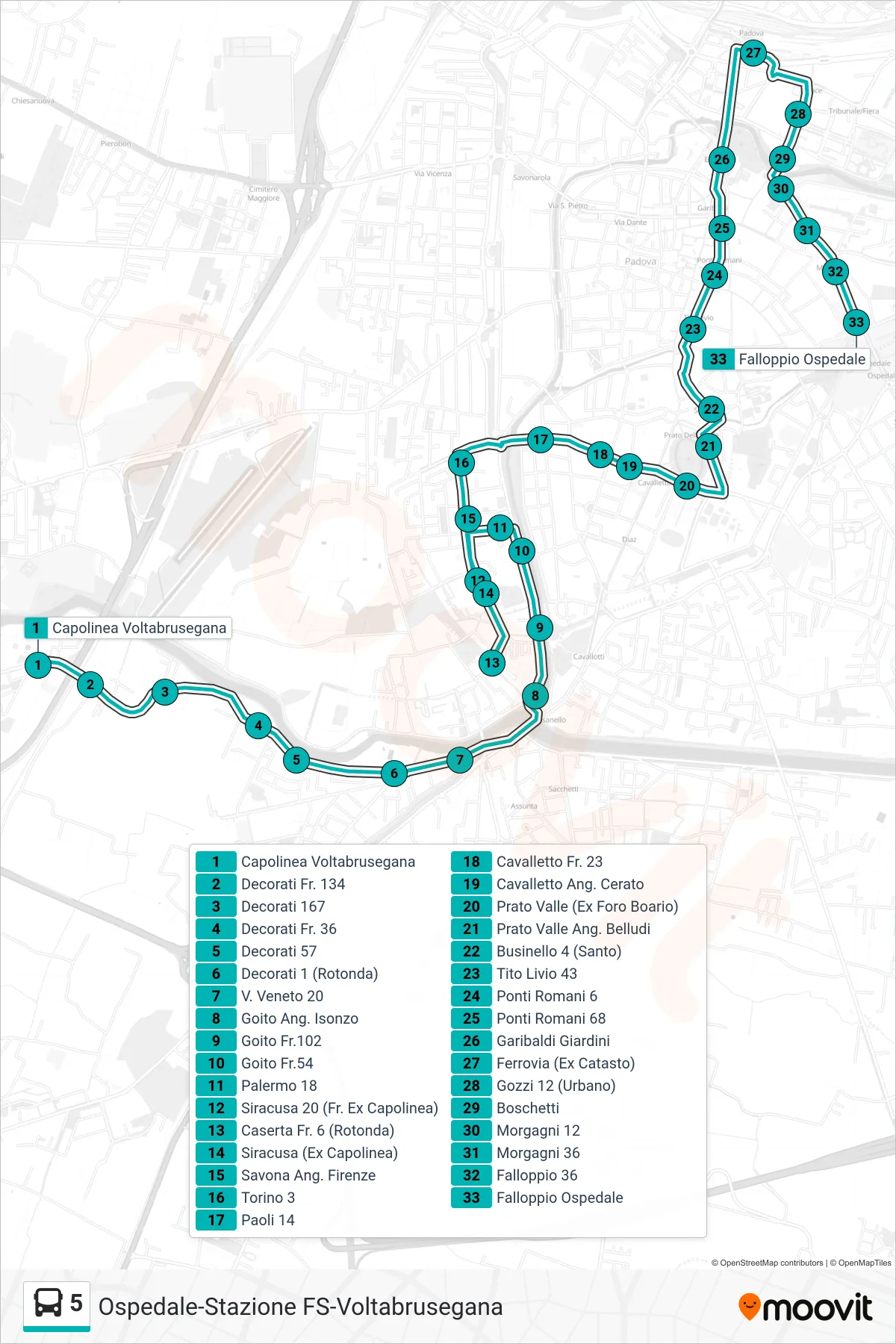 Linea 5  tram (Capolinea Voltabrusegana > Ferrovia > Falloppio) - Percorsi e fermate sulla mappa