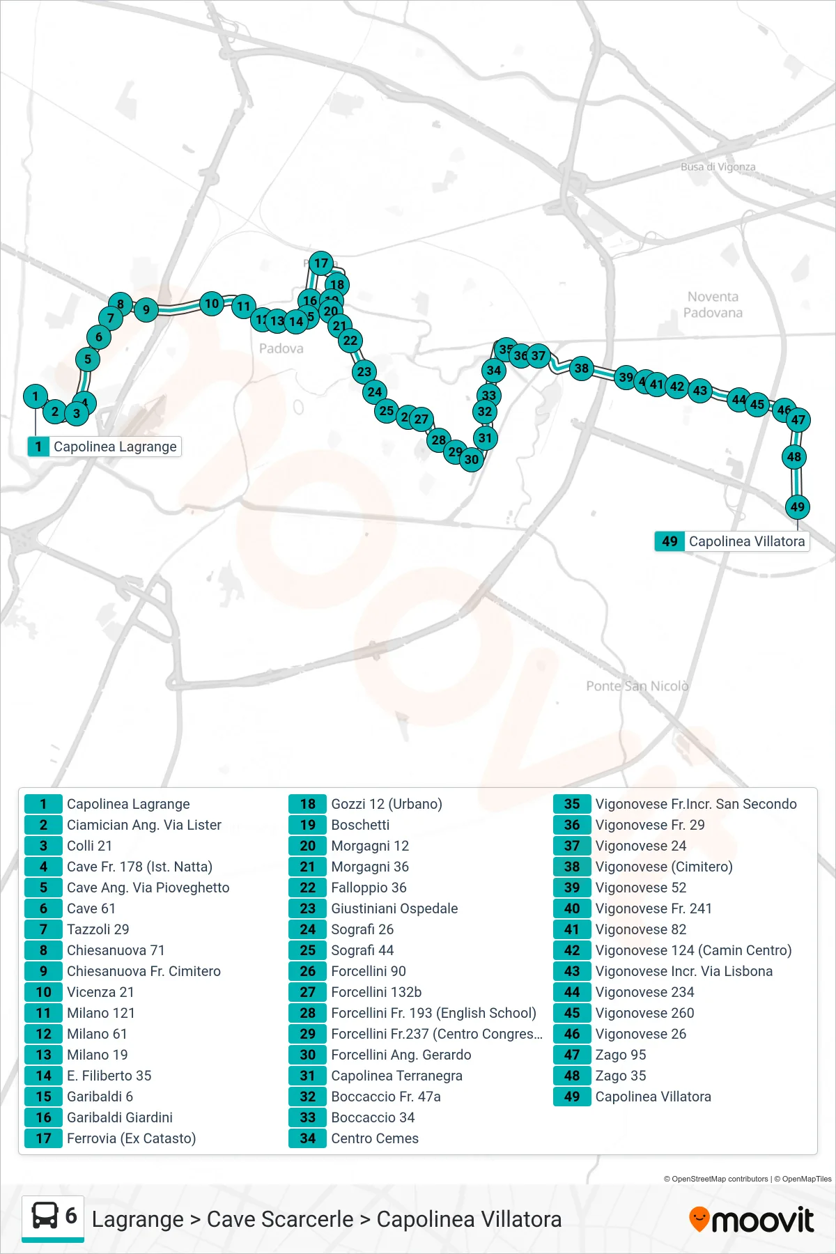 Linea 6 tram (Lagrange > Cave Scarcerle > Capolinea Villatora) - Percorsi e fermate sulla mappa