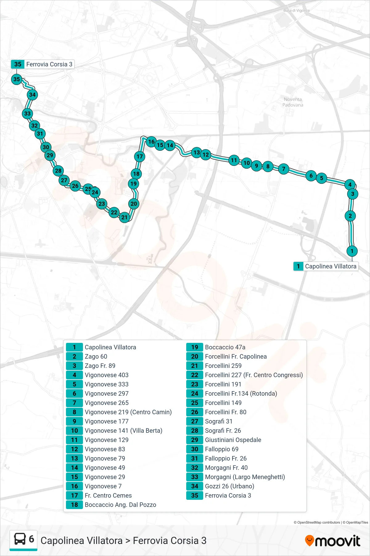 Linea 6 tram (Capolinea Villatora > Ferrovia Corsia 3) - Percorsi e fermate sulla mappa