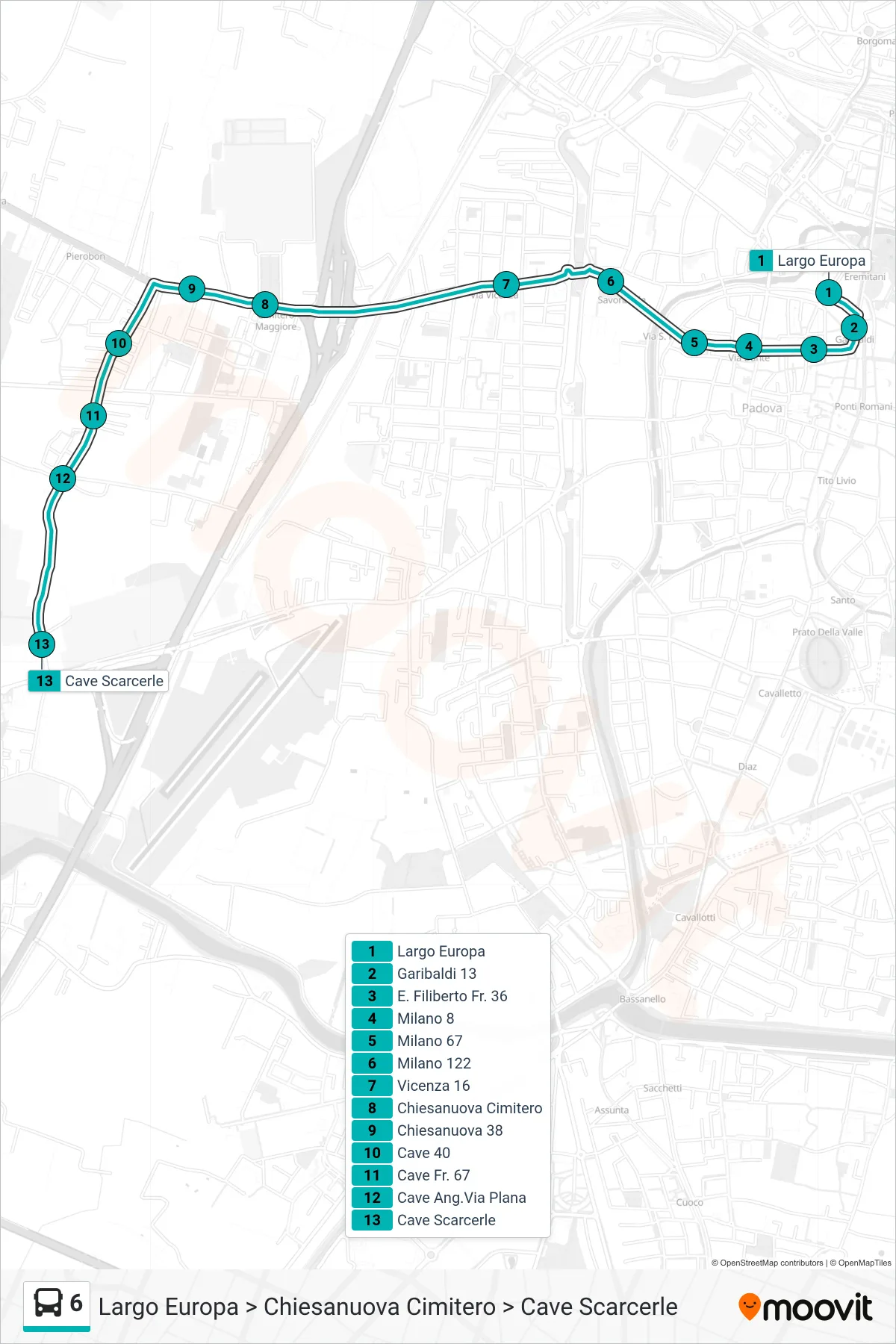 Linea 6  tram (Largo Europa > Chiesanuova Cimitero > Cave Scarcerle) - Percorsi e fermate sulla mappa
