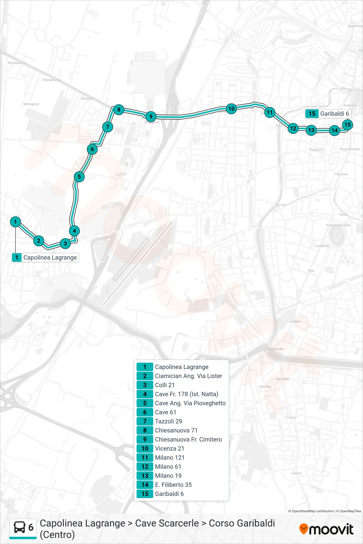 Linea 6  tram (Capolinea Lagrange > Cave Scarcerle > Corso Garibaldi (Centro)) - Percorsi e fermate sulla mappa