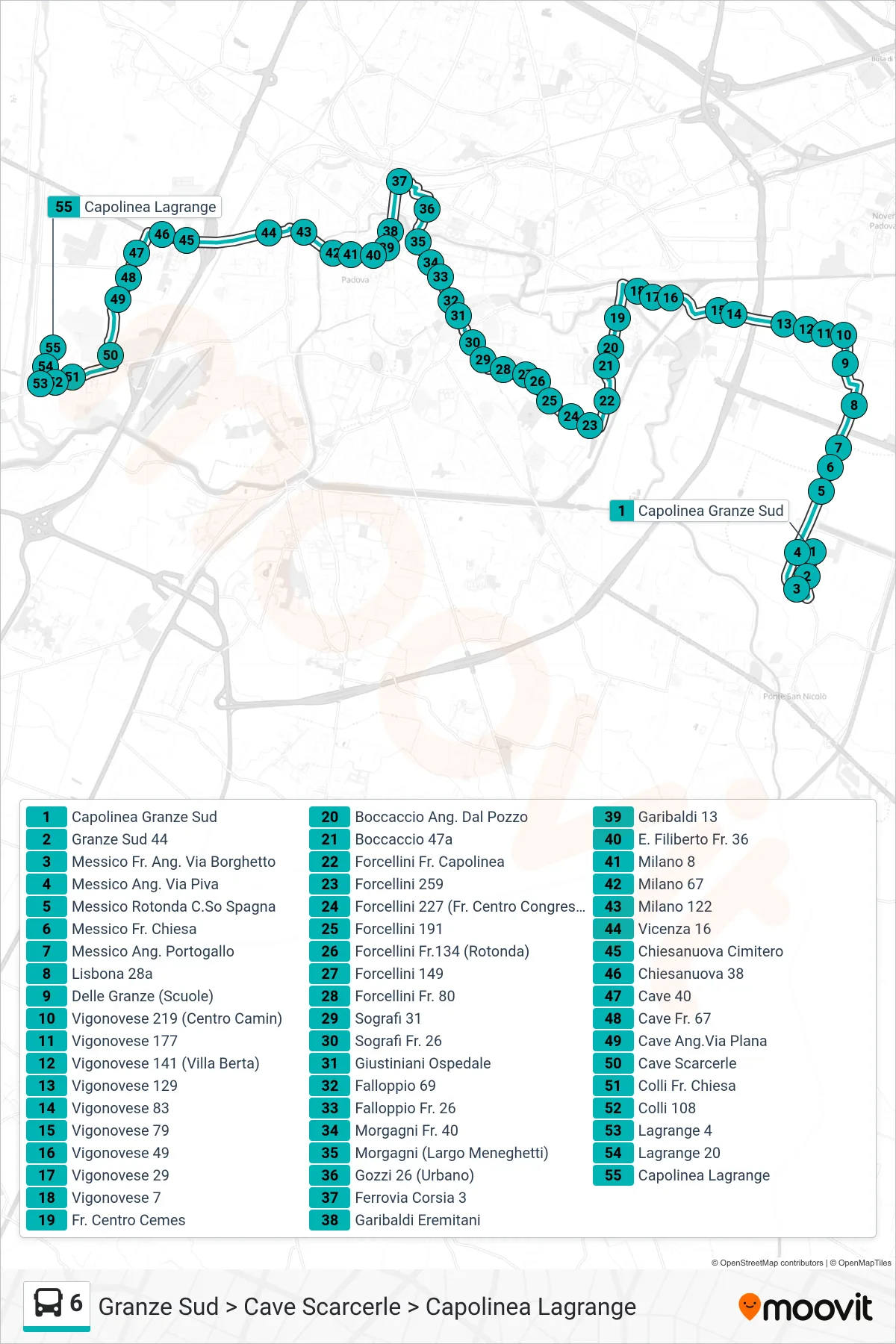Linea 6 tram (Granze Sud > Cave Scarcerle > Capolinea Lagrange) - Percorsi e fermate sulla mappa