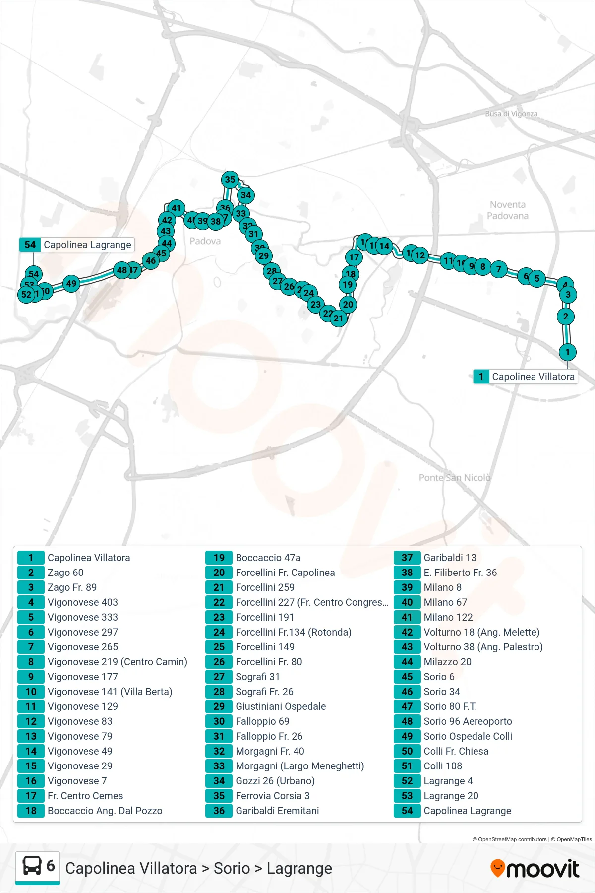 Linea 6  tram (Capolinea Villatora > Sorio > Lagrange) - Percorsi e fermate sulla mappa