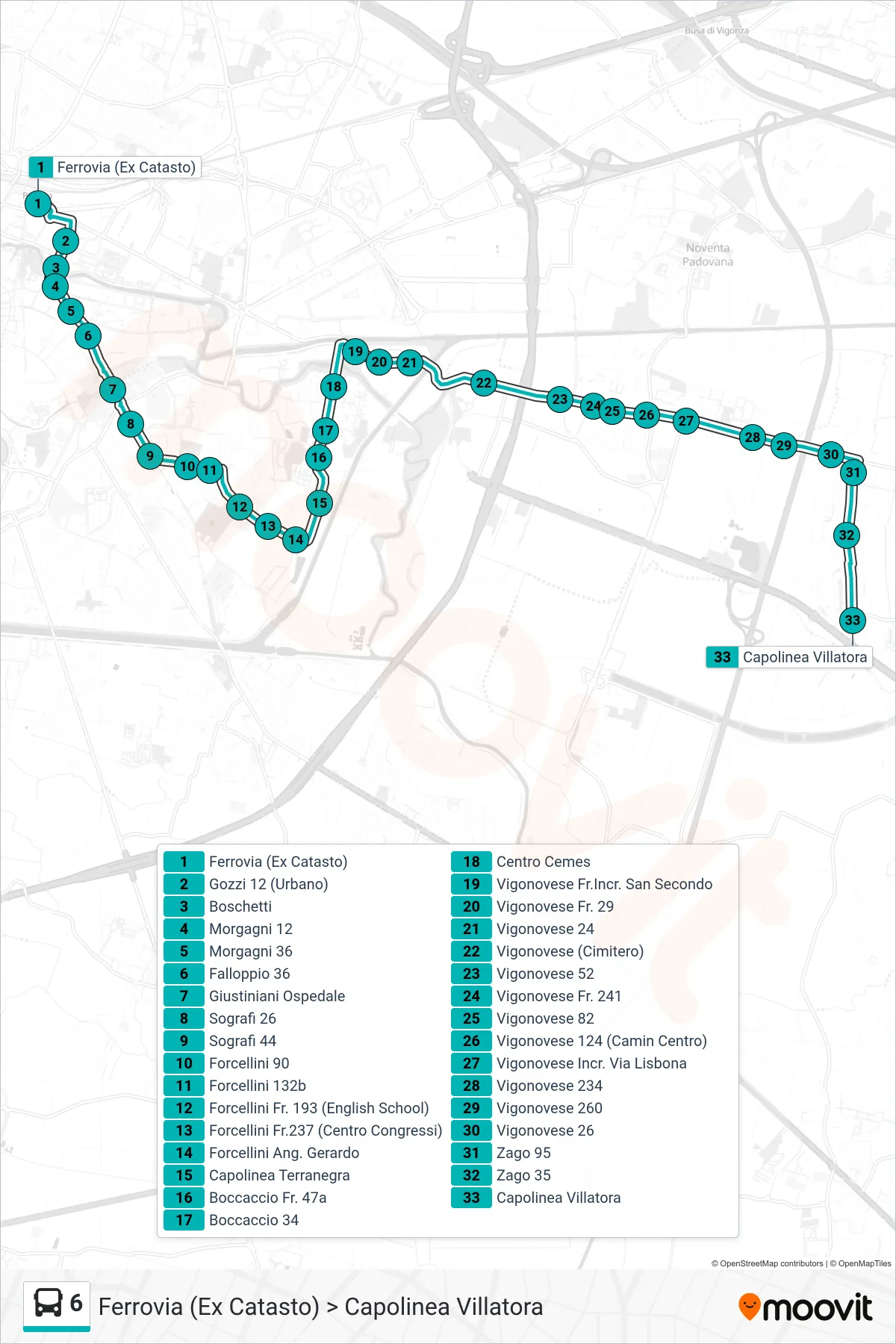 Linea 6 tram (Ferrovia (Ex Catasto) > Capolinea Villatora) - Percorsi e fermate sulla mappa