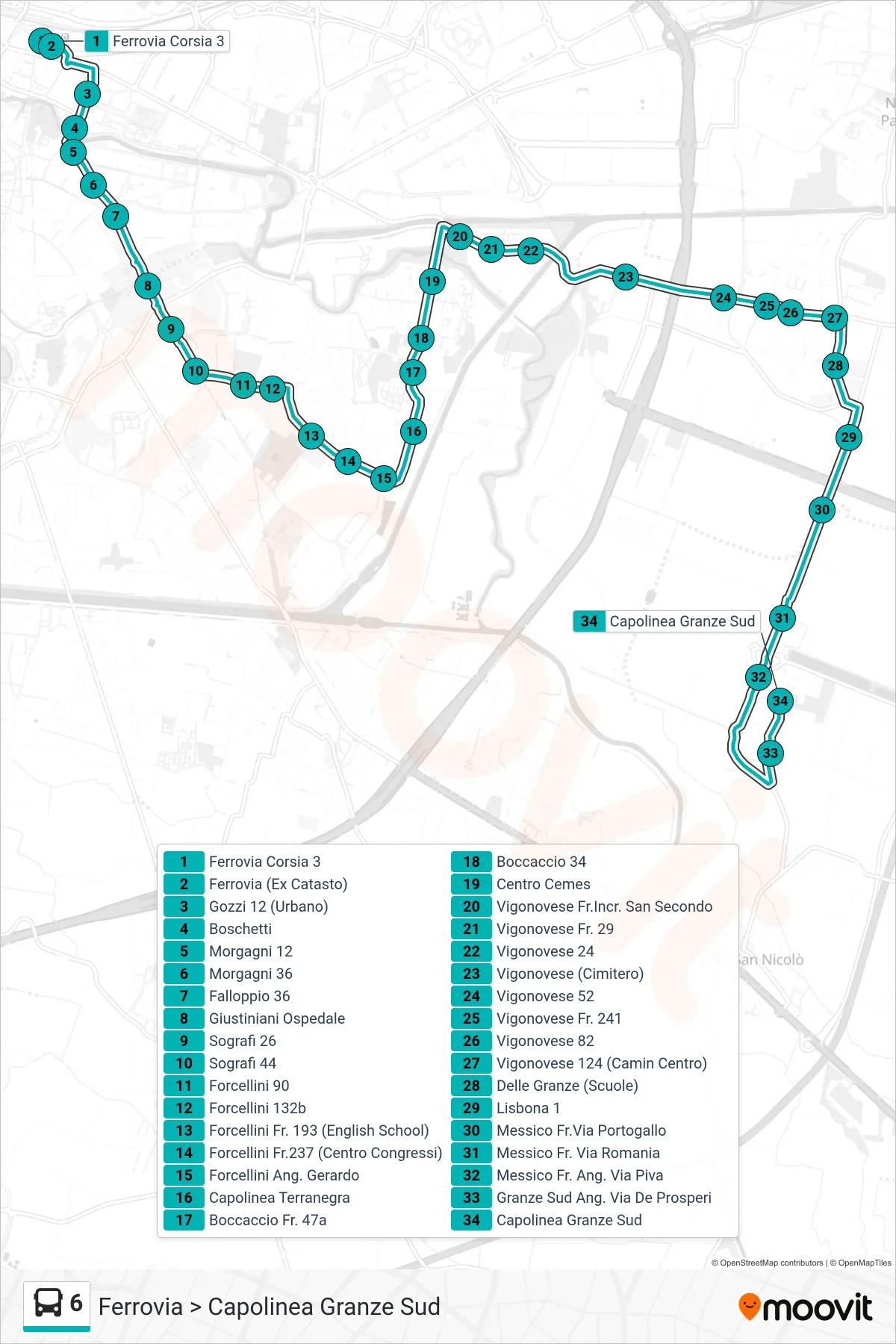 Linea 6 tram (Ferrovia > Capolinea Granze Sud) - Percorsi e fermate sulla mappa
