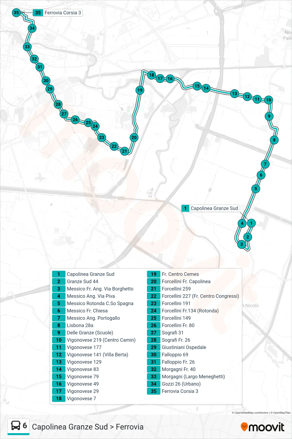 Linea 6 tram (Capolinea Granze Sud > Ferrovia) - Percorsi e fermate sulla mappa