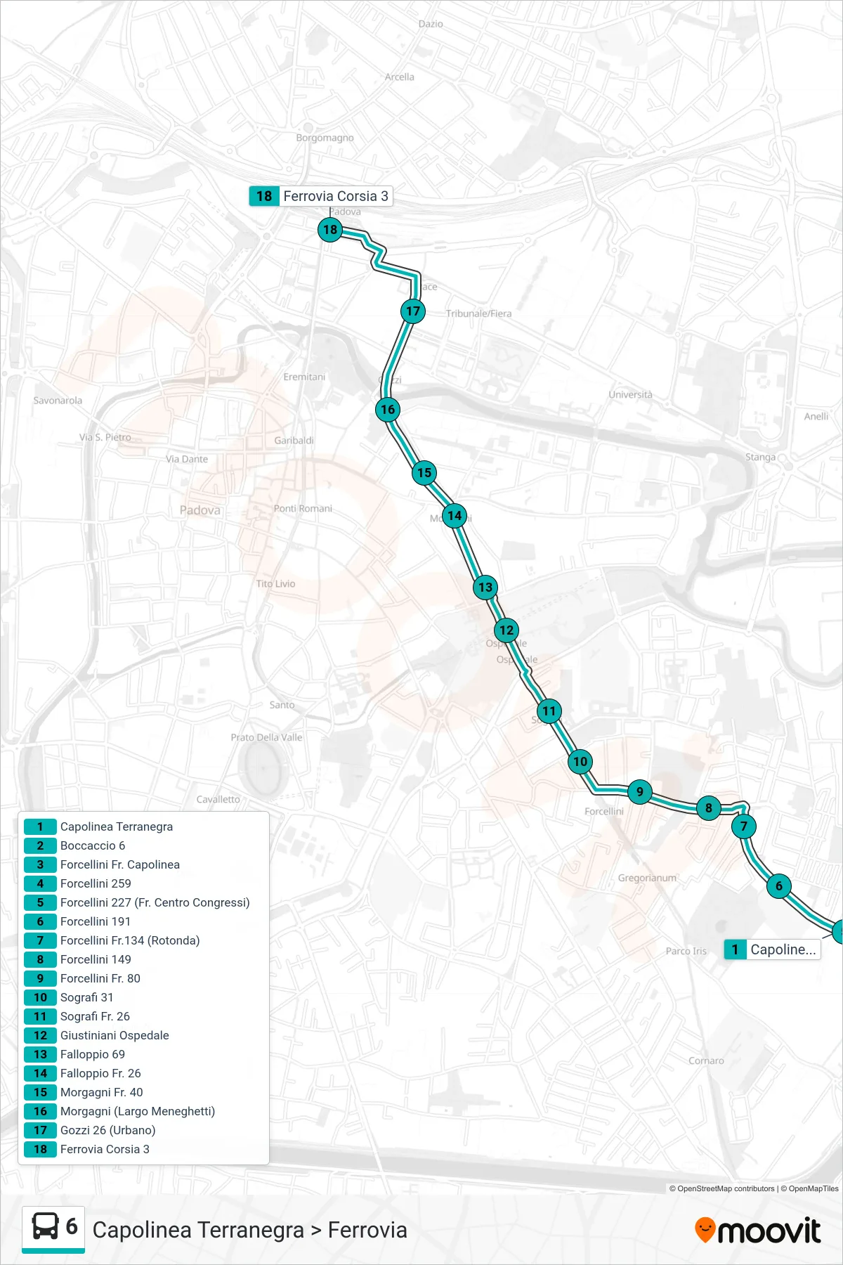 Linea 6 tram (Capolinea Terranegra > Ferrovia) - Percorsi e fermate sulla mappa