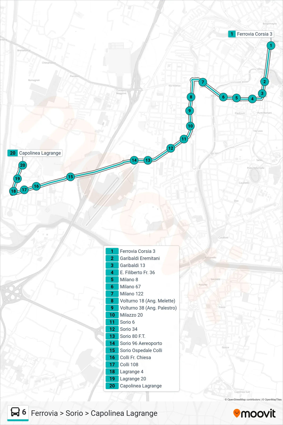 Linea 6 tram (Ferrovia > Sorio > Capolinea Lagrange) - Percorsi e fermate sulla mappa