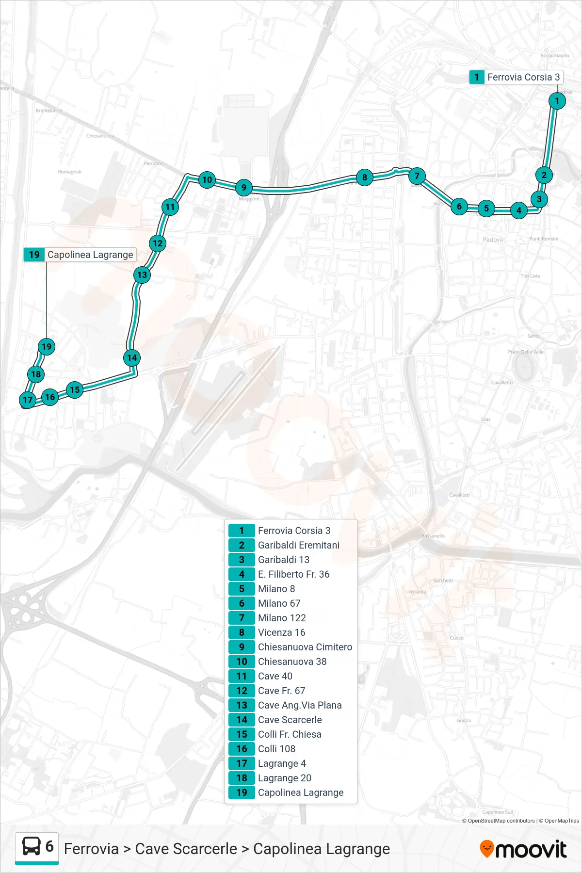 Linea 6 tram (Ferrovia > Cave Scarcerle > Capolinea Lagrange) - Percorsi e fermate sulla mappa
