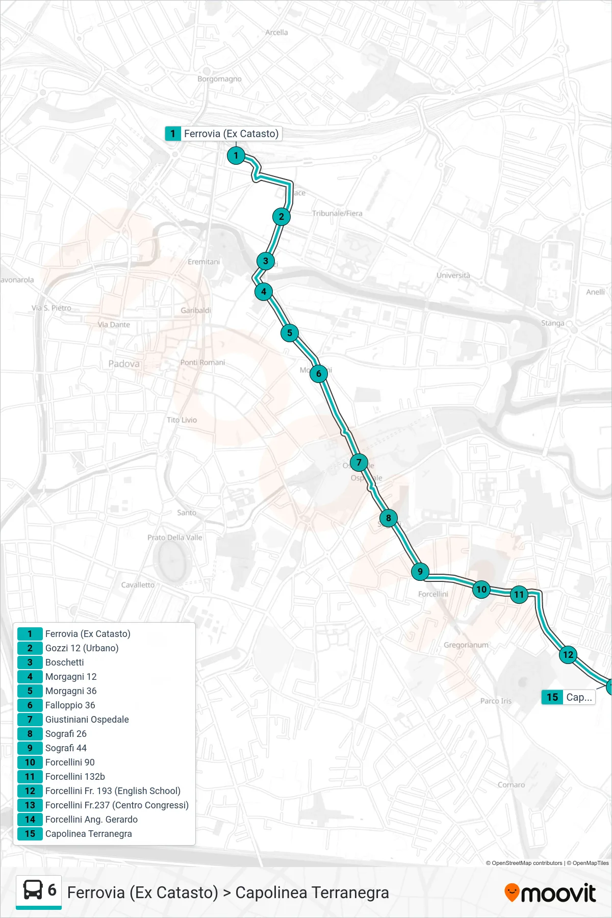 Linea 6  tram (Ferrovia (Ex Catasto) > Capolinea Terranegra) - Percorsi e fermate sulla mappa
