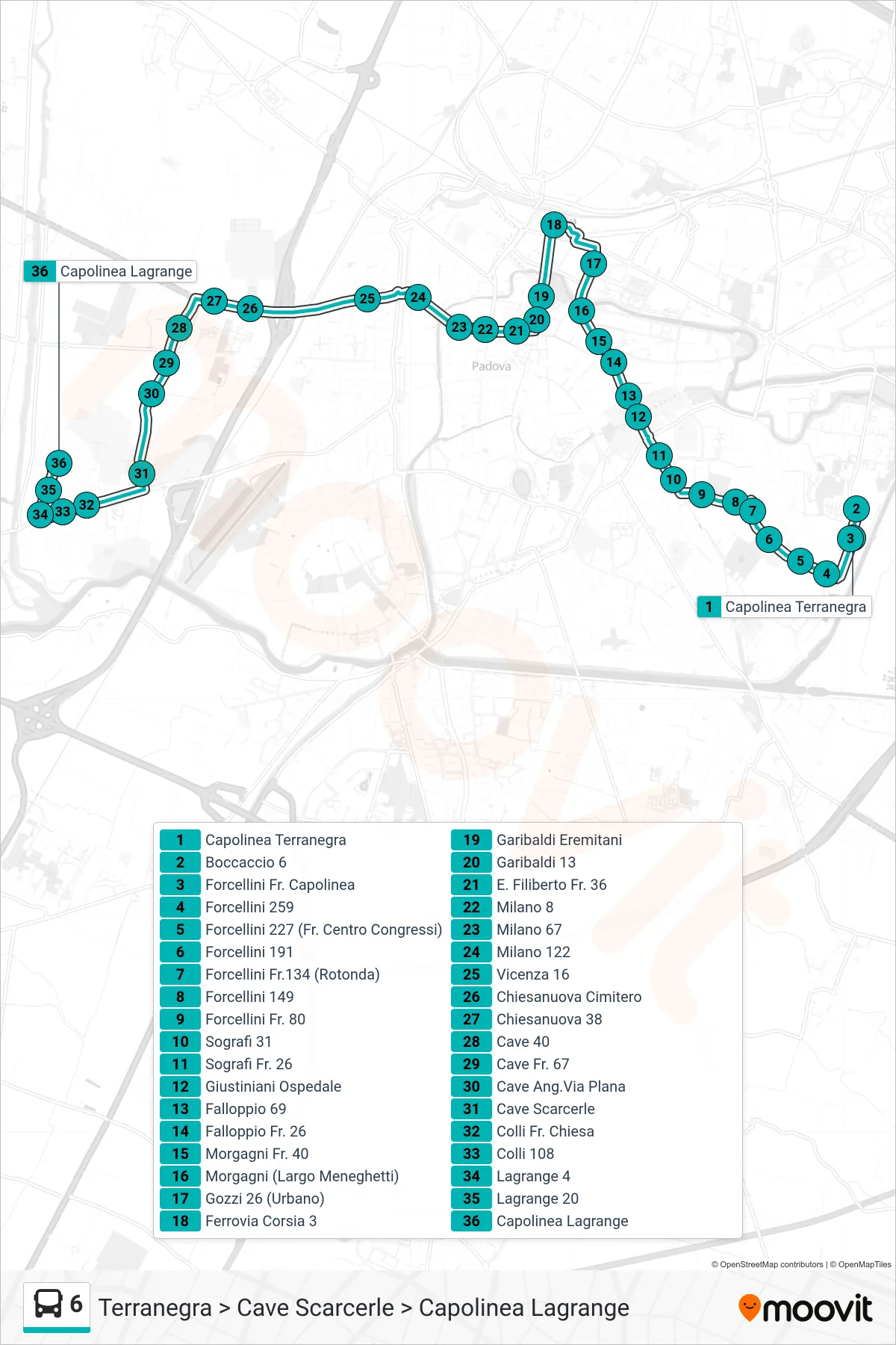 Linea 6 tram (Terranegra > Cave Scarcerle > Capolinea Lagrange) - Percorsi e fermate sulla mappa