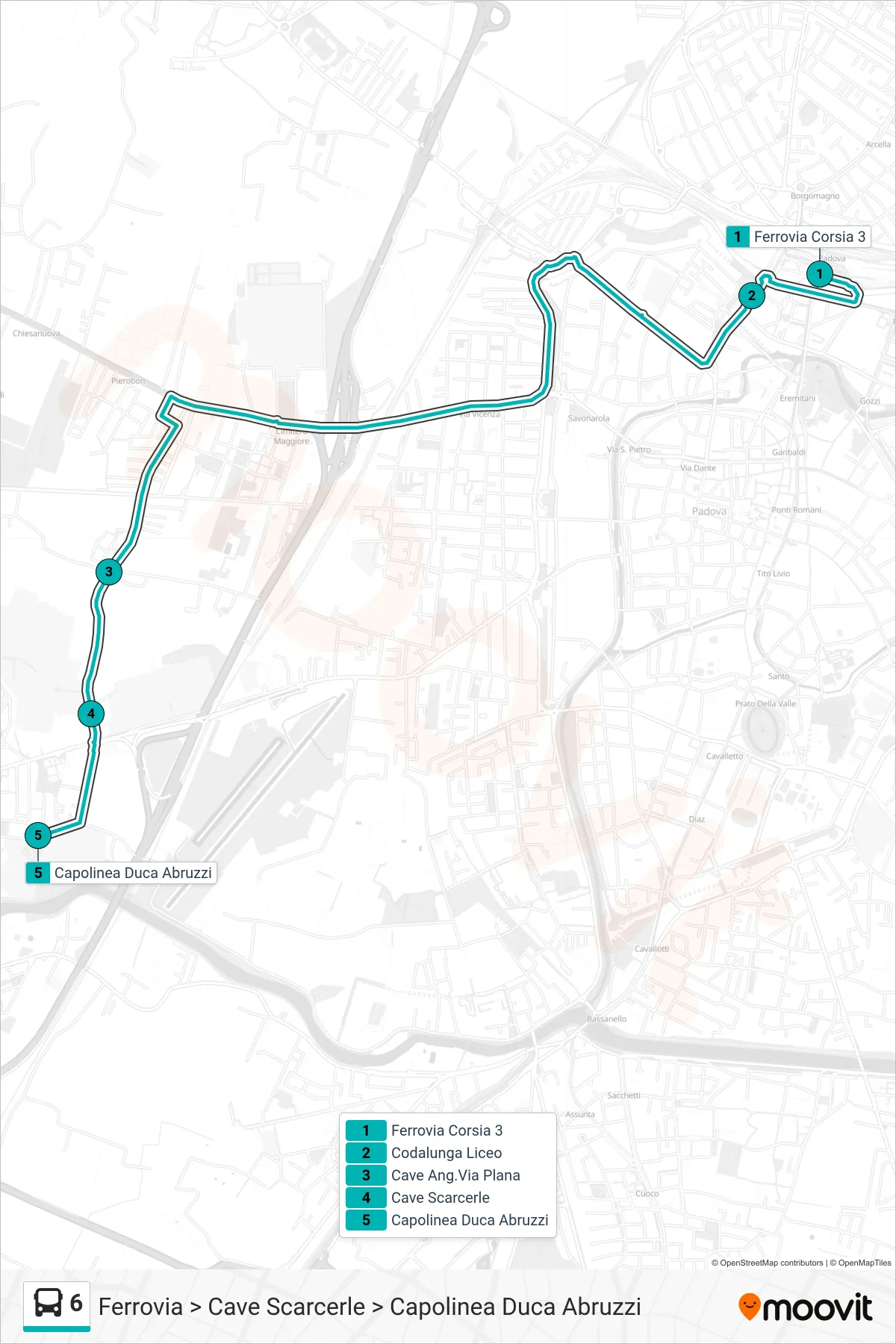 Linea 6 tram (Ferrovia > Cave Scarcerle > Capolinea Duca Abruzzi) - Percorsi e fermate sulla mappa