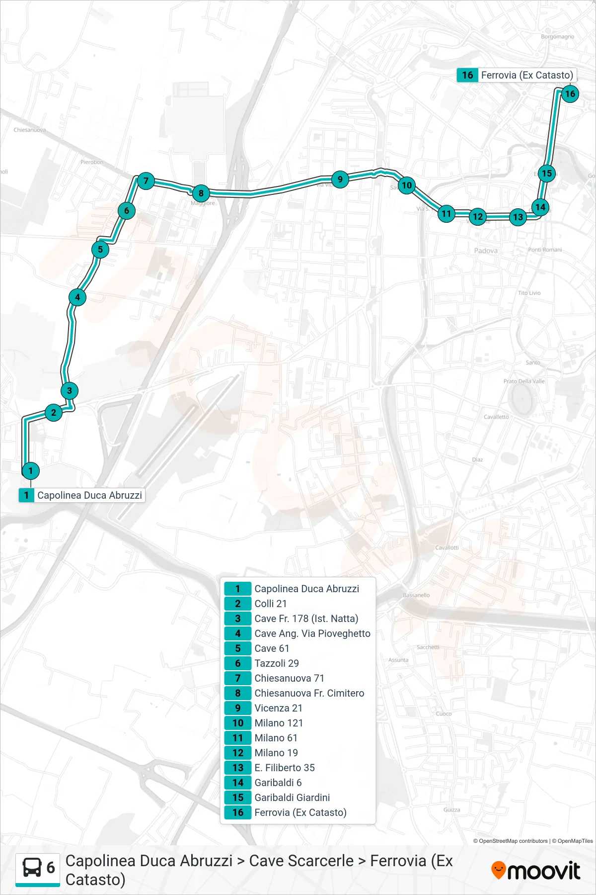 Linea 6 tram (Capolinea Duca Abruzzi > Cave Scarcerle > Ferrovia (Ex Catasto)) - Percorsi e fermate sulla mappa