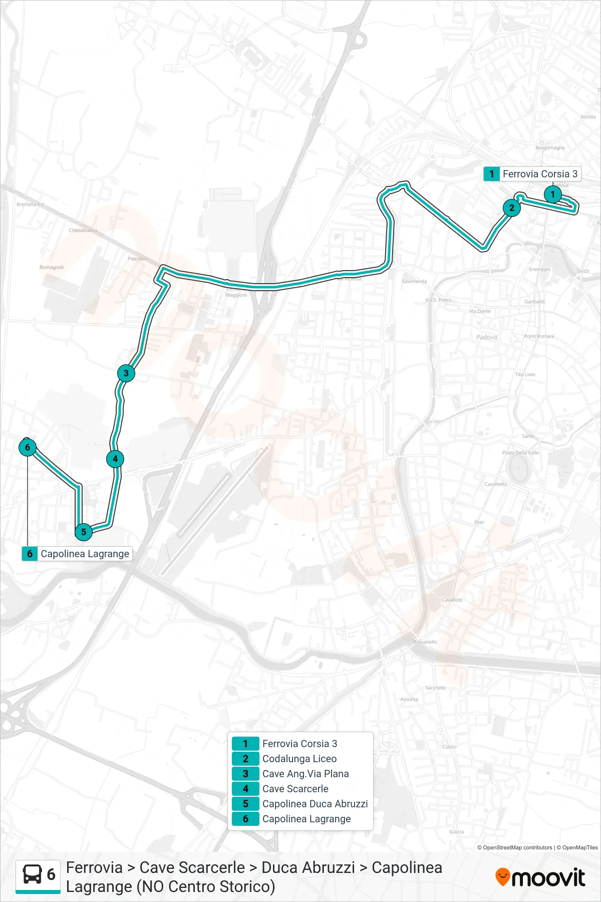 Linea 6  tram (Ferrovia > Cave Scarcerle > Duca Abruzzi > Capolinea Lagrange (NO Centro Storico)) - Percorsi e fermate sulla mappa
