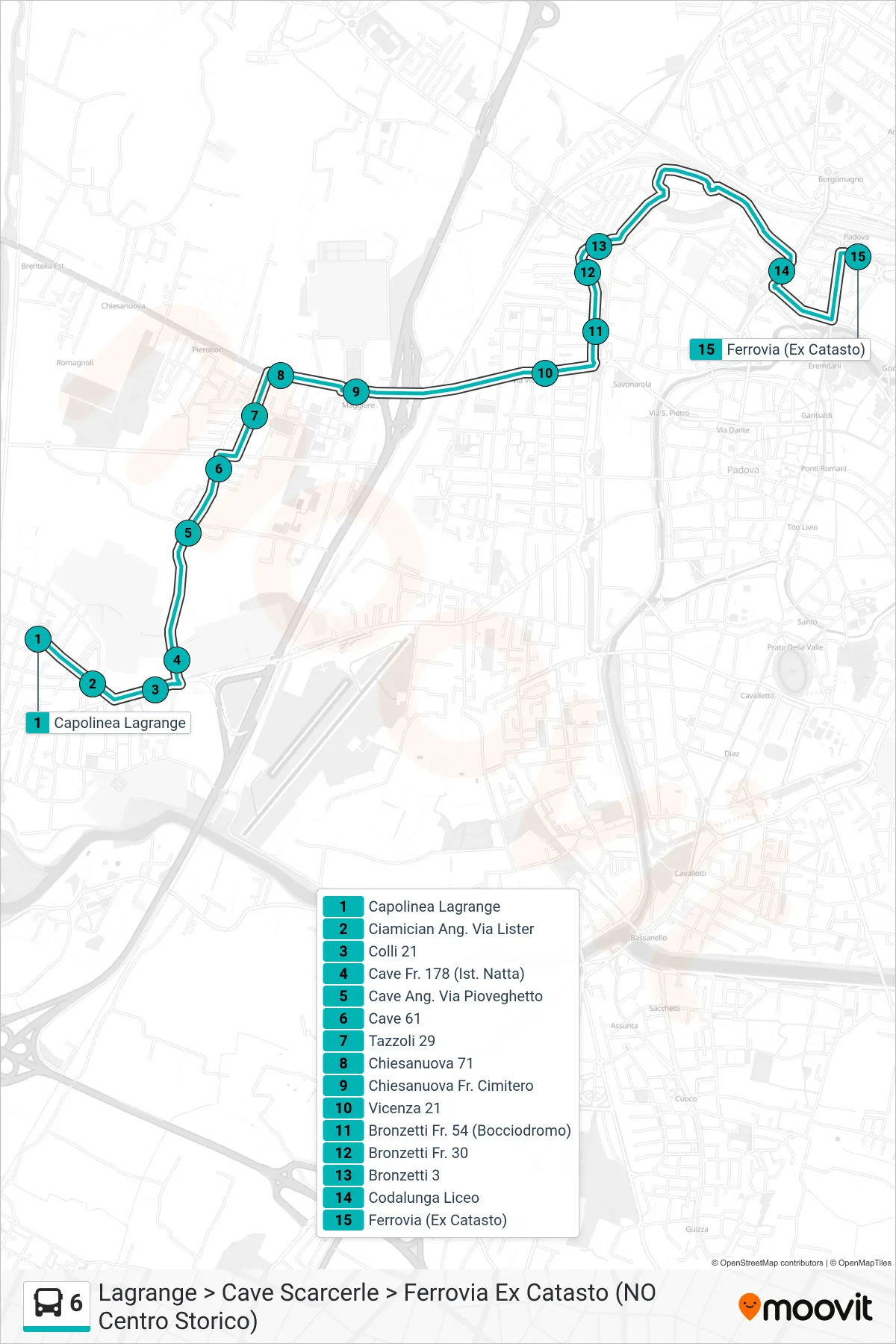 Linea 6 tram (Lagrange > Cave Scarcerle > Ferrovia Ex Catasto (NO Centro Storico)) - Percorsi e fermate sulla mappa