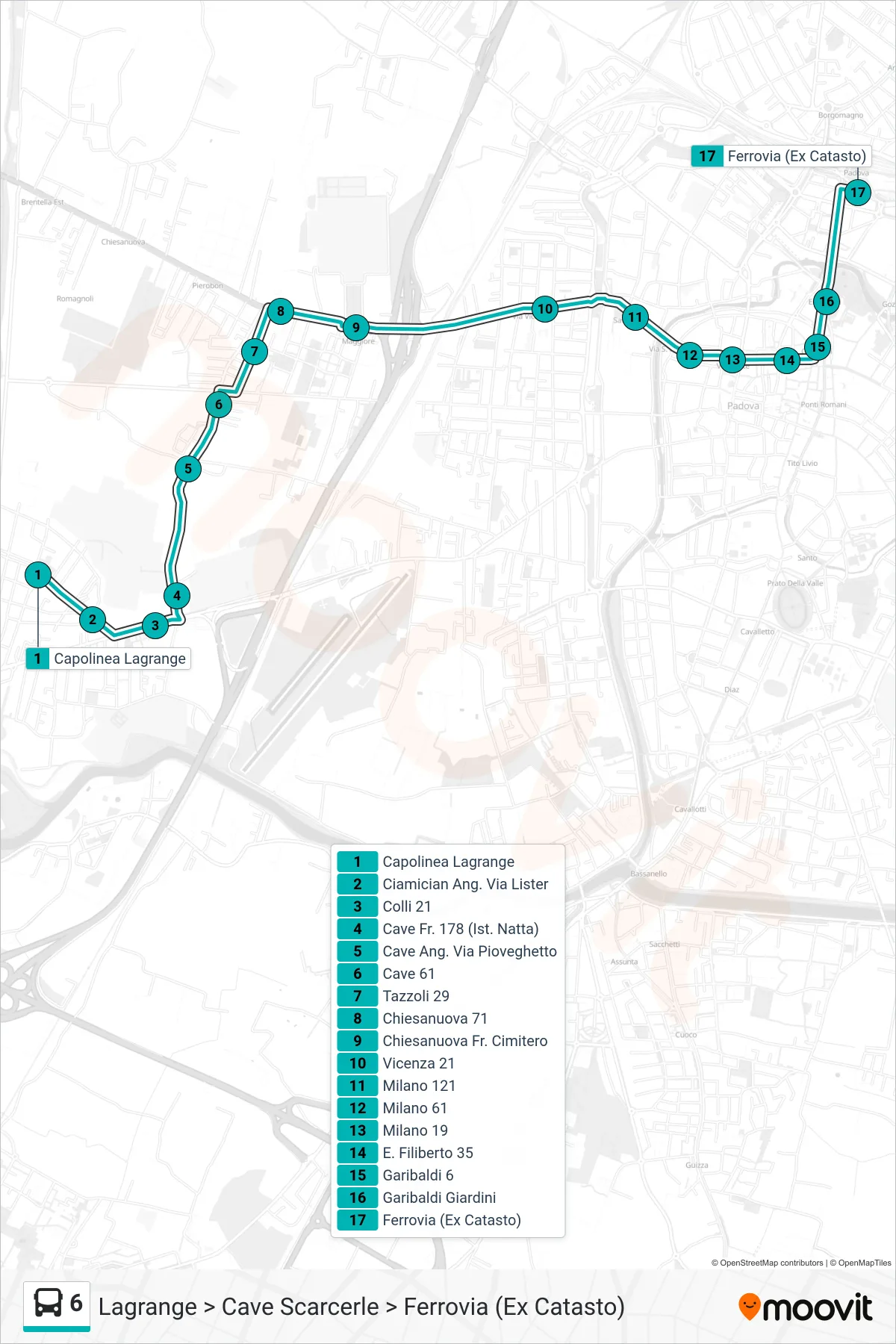 Linea 6 tram (Lagrange > Cave Scarcerle > Ferrovia (Ex Catasto)) - Percorsi e fermate sulla mappa
