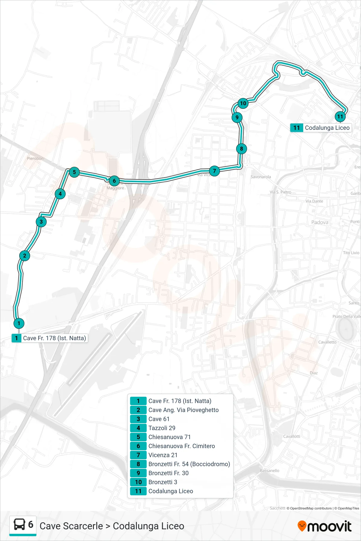 Linea 6 tram (Cave Scarcerle > Codalunga Liceo) - Percorsi e fermate sulla mappa