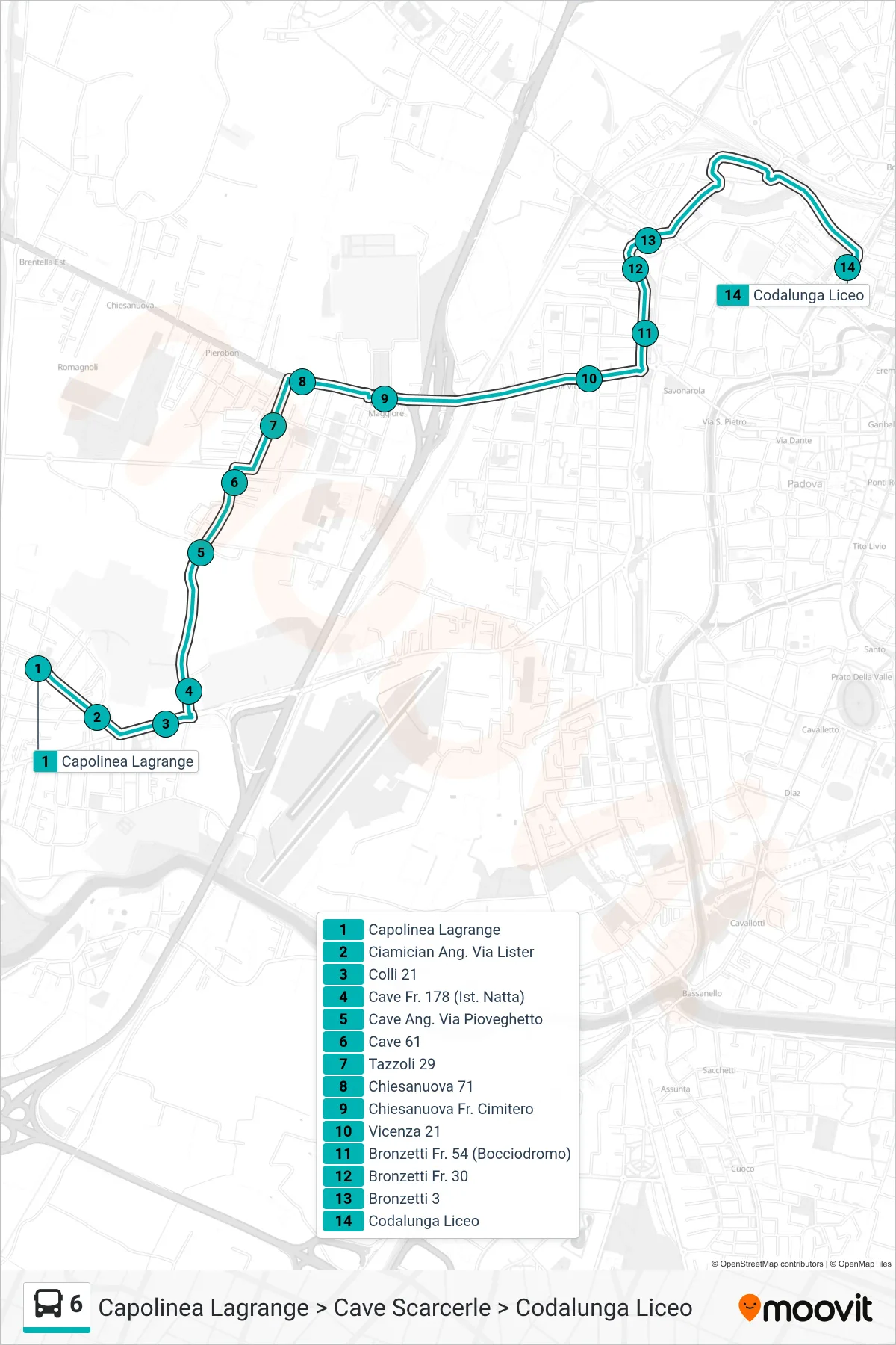 Linea 6  tram (Capolinea Lagrange > Cave Scarcerle > Codalunga Liceo) - Percorsi e fermate sulla mappa