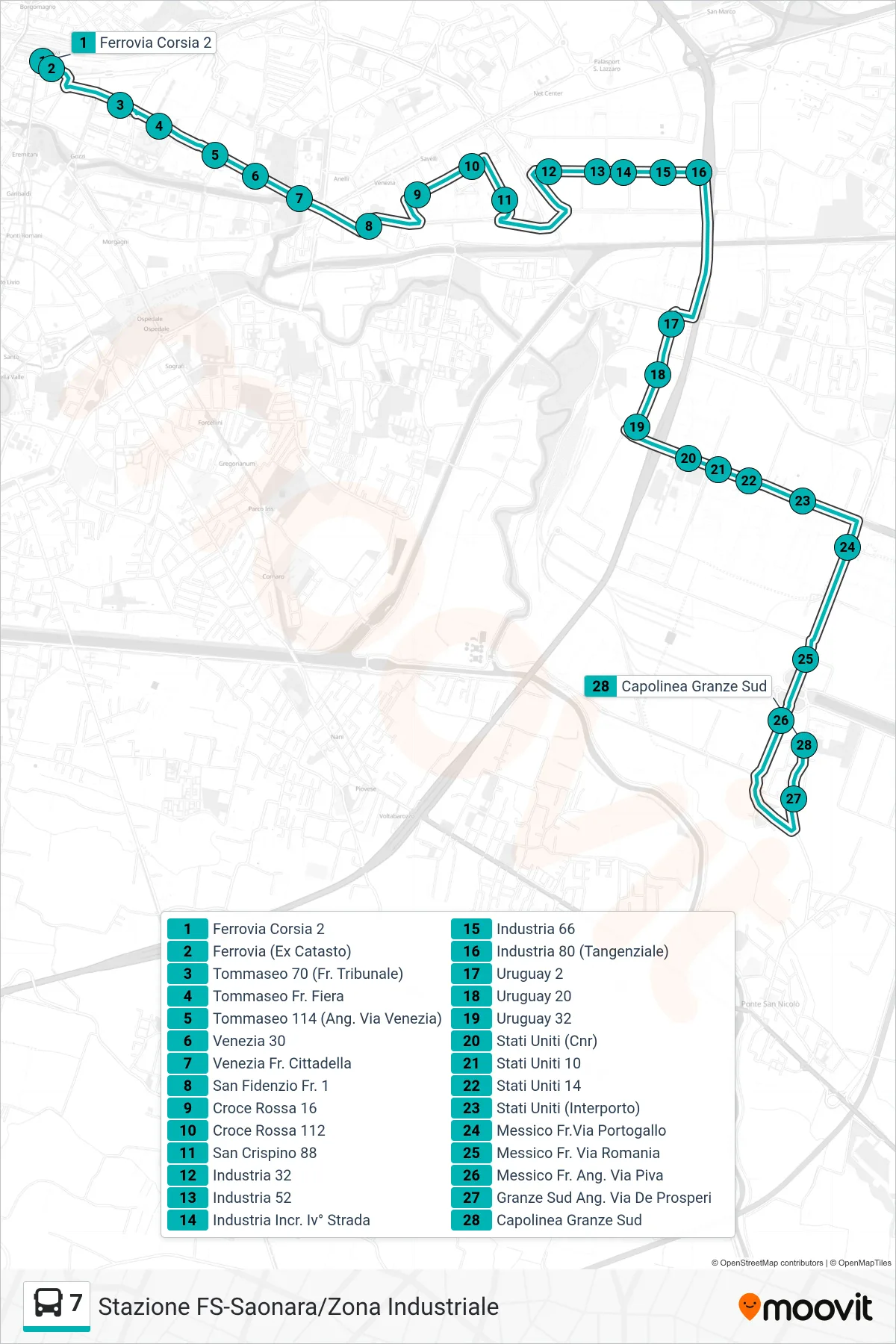 Linea 7 tram (Ferrovia > Capolinea Granze Sud) - Percorsi e fermate sulla mappa