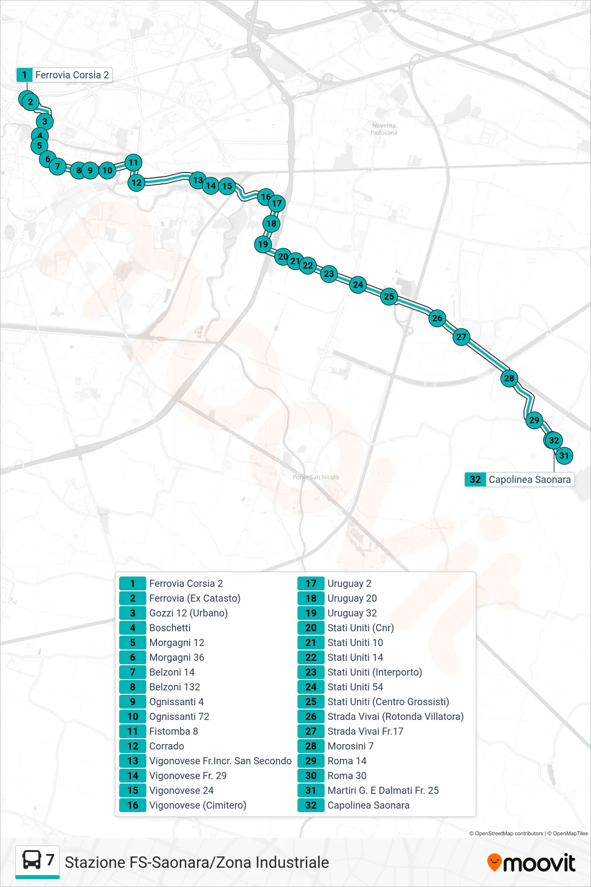 Linea 7 tram (Ferrovia > Belzoni > Saonara) - Percorsi e fermate sulla mappa