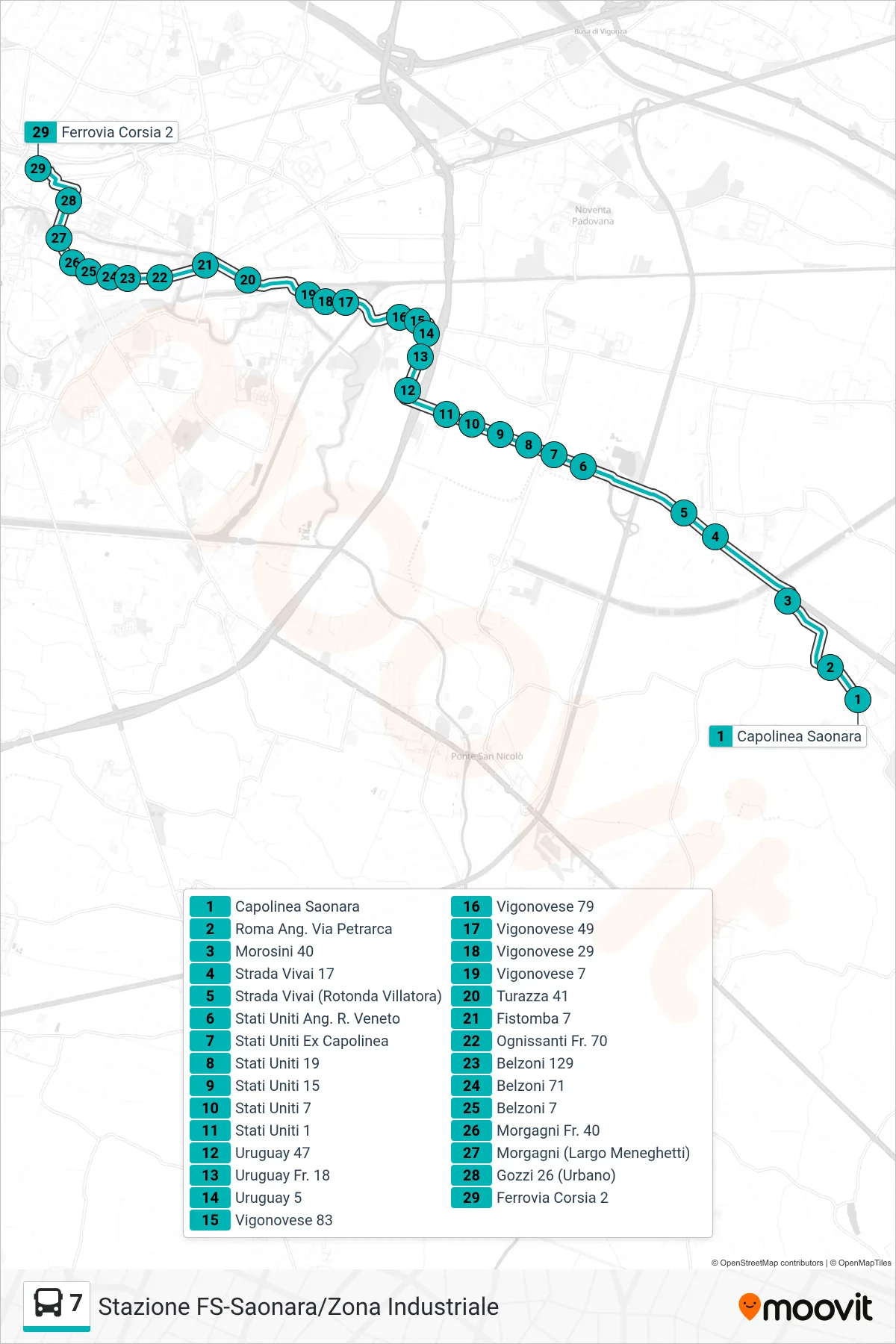 Linea 7 tram (Saonara > Belzoni > Ferrovia) - Percorsi e fermate sulla mappa