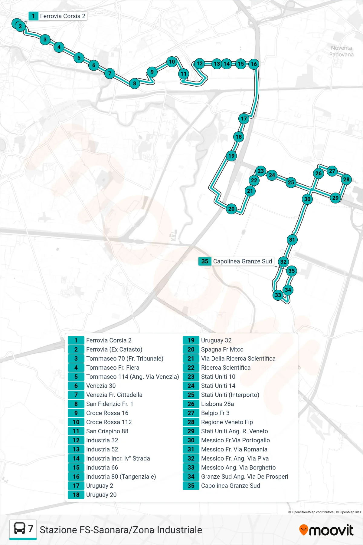 Linea 7 tram (Ferrovia > Corso Spagna > Ricerca Scientifica > Granze Sud) - Percorsi e fermate sulla mappa
