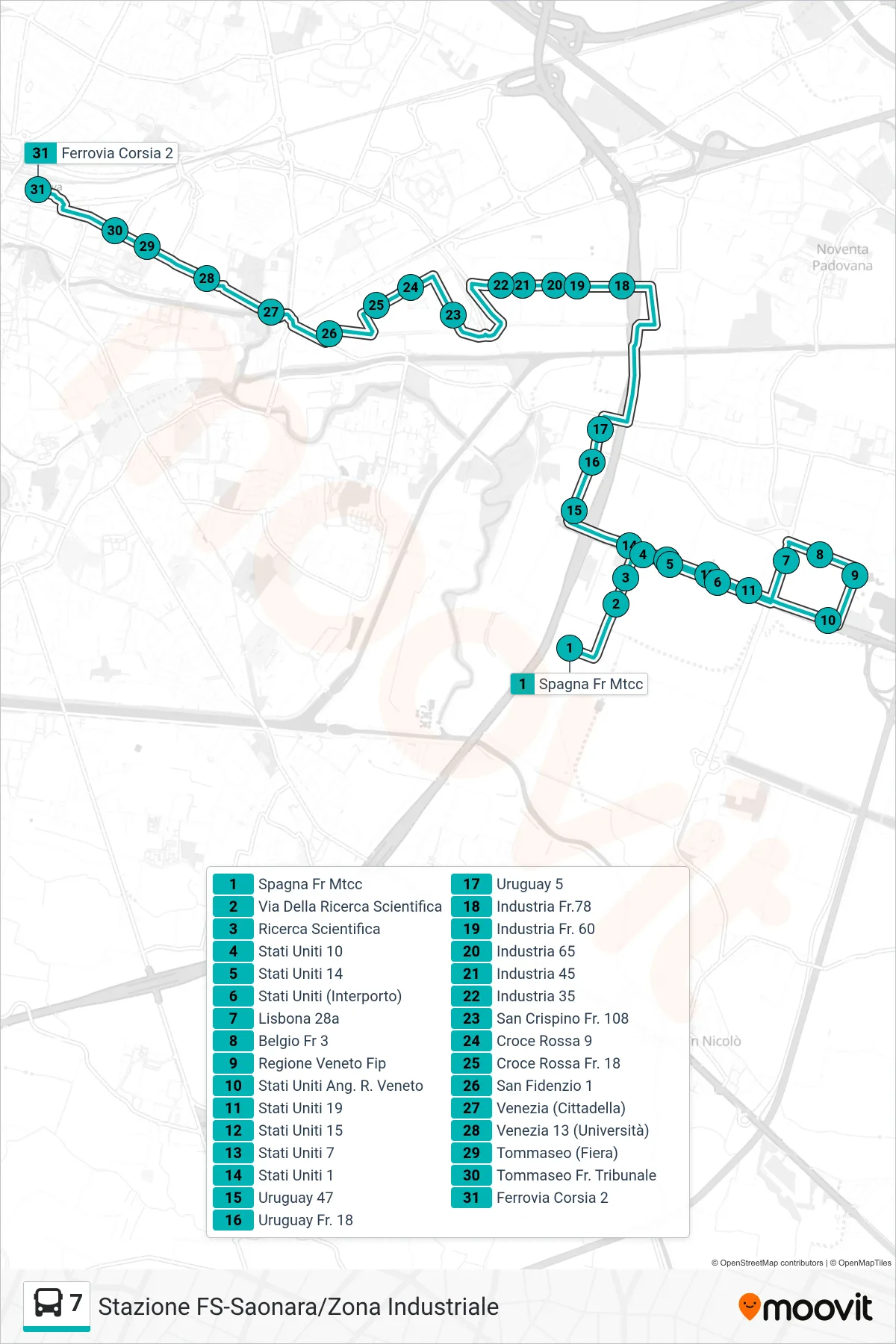 Linea 7  tram (Corso Spagna > Ricerca Scientifica > Industria > Ferrovia) - Percorsi e fermate sulla mappa