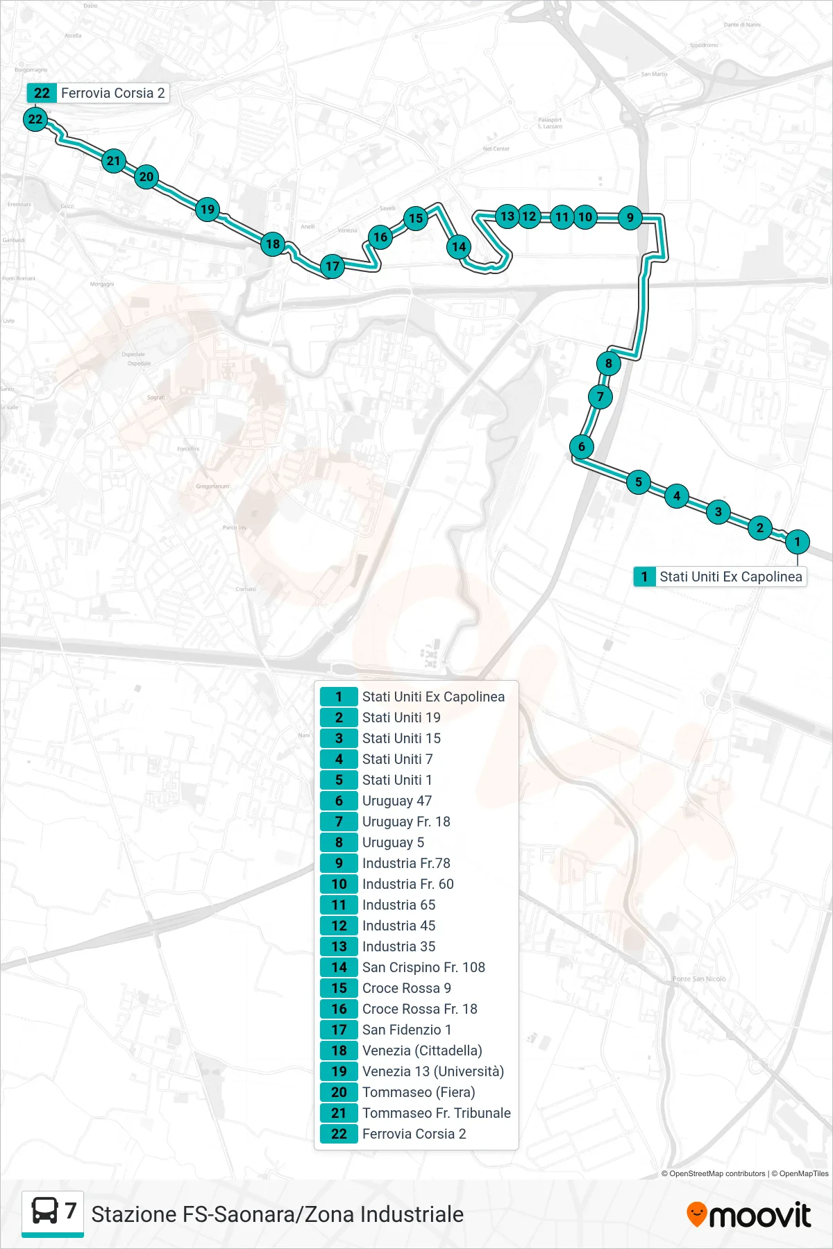 Linea 7 tram (Stati Uniti Ex Capolinea > Industria > Ferrovia) - Percorsi e fermate sulla mappa