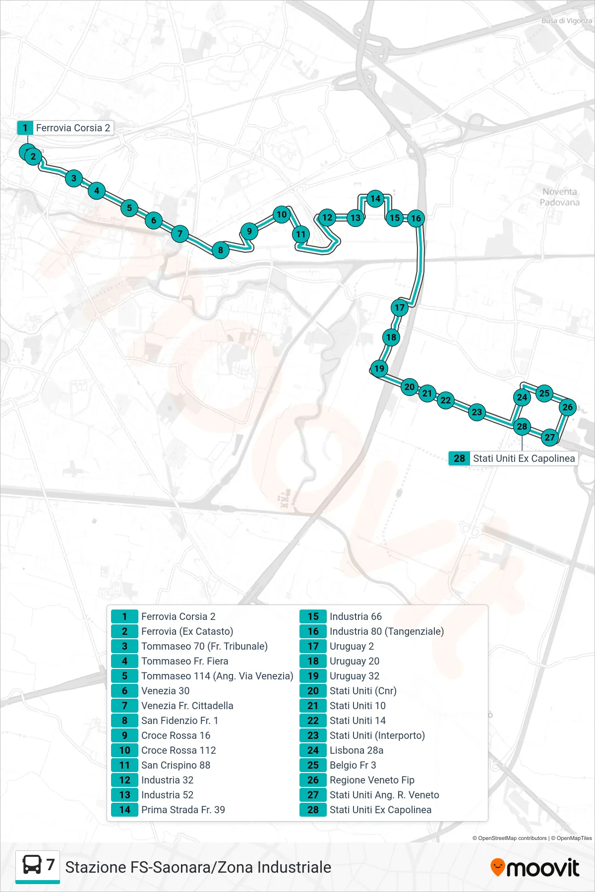 Linea 7  tram (Ferrovia > Stati Uniti Ex Capolinea) - Percorsi e fermate sulla mappa