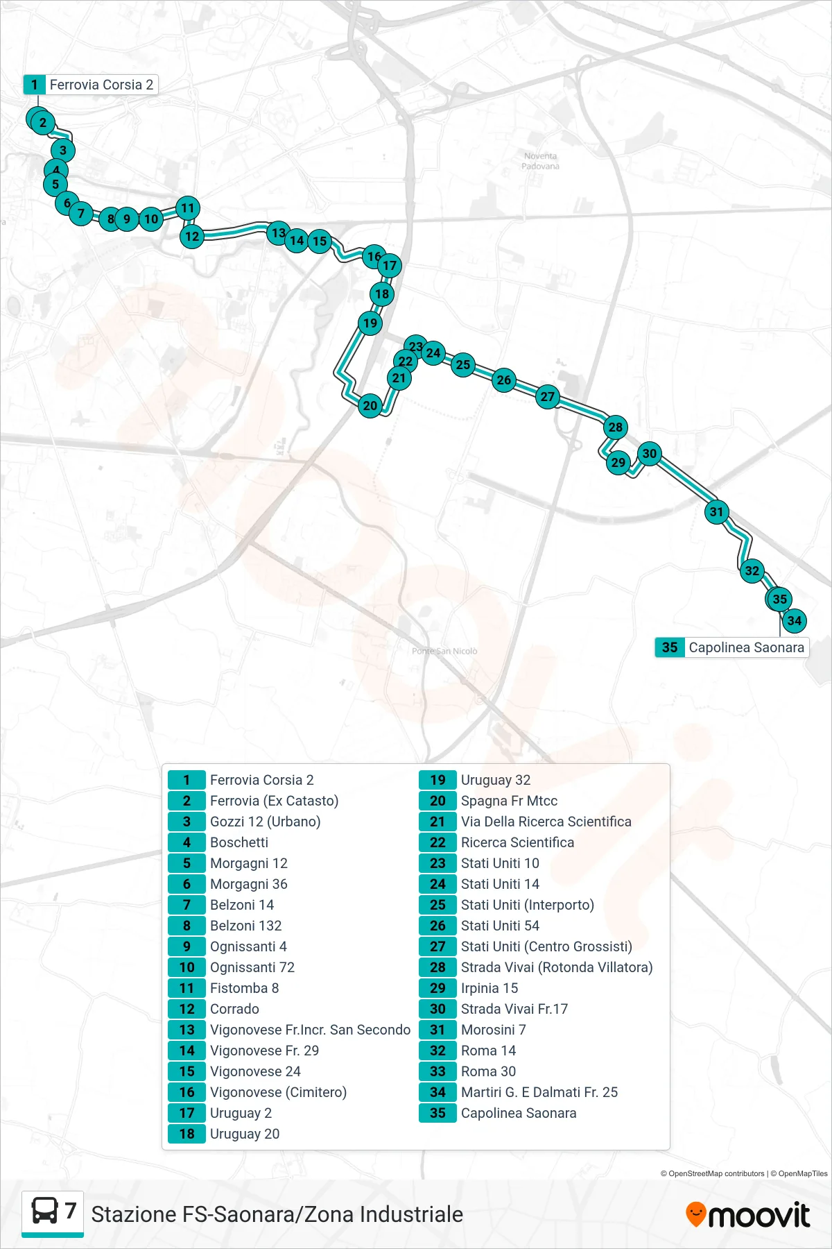 Linea 7  tram (Ferrovia > Belzoni > Ricerca Scientifica > Saonara) - Percorsi e fermate sulla mappa