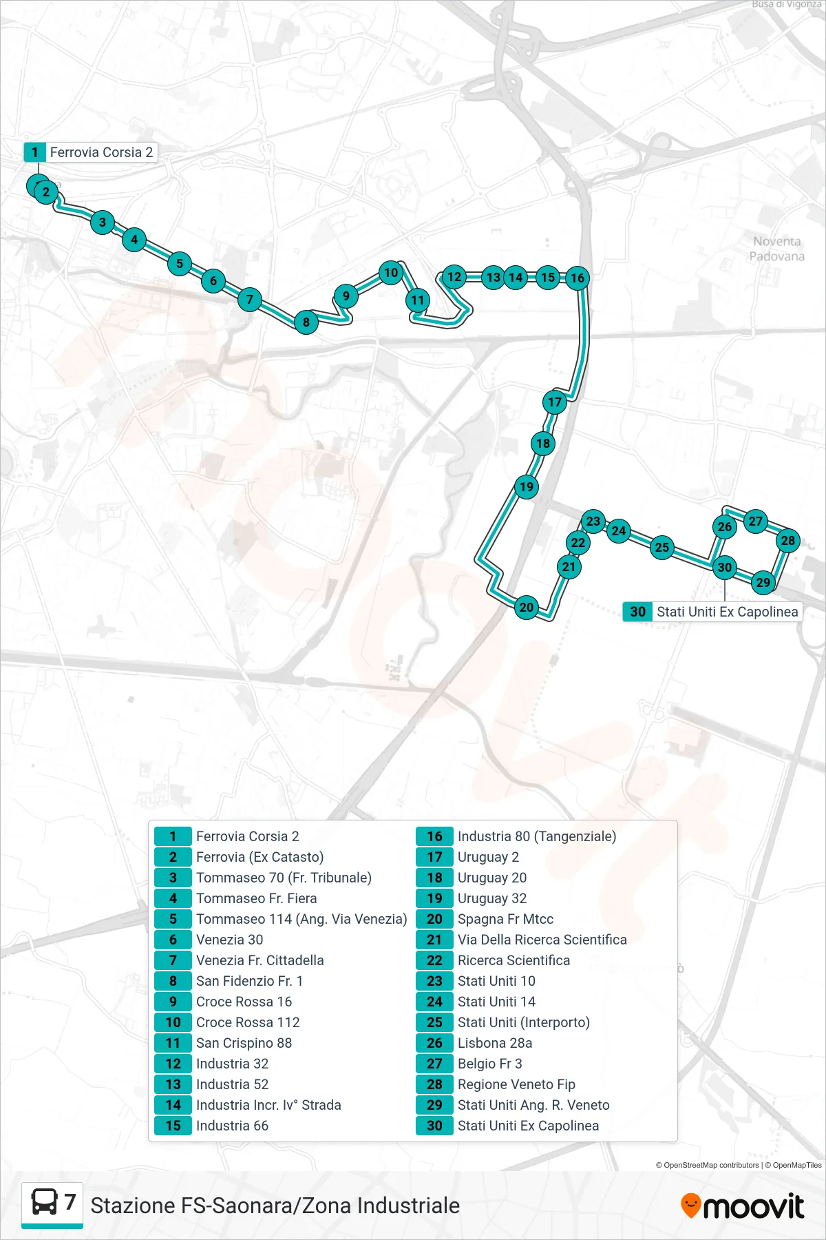 Linea 7  tram (Ferrovia > Corso Spagna > Ricerca Scientifica > Stati Uniti Ex Capolinea) - Percorsi e fermate sulla mappa