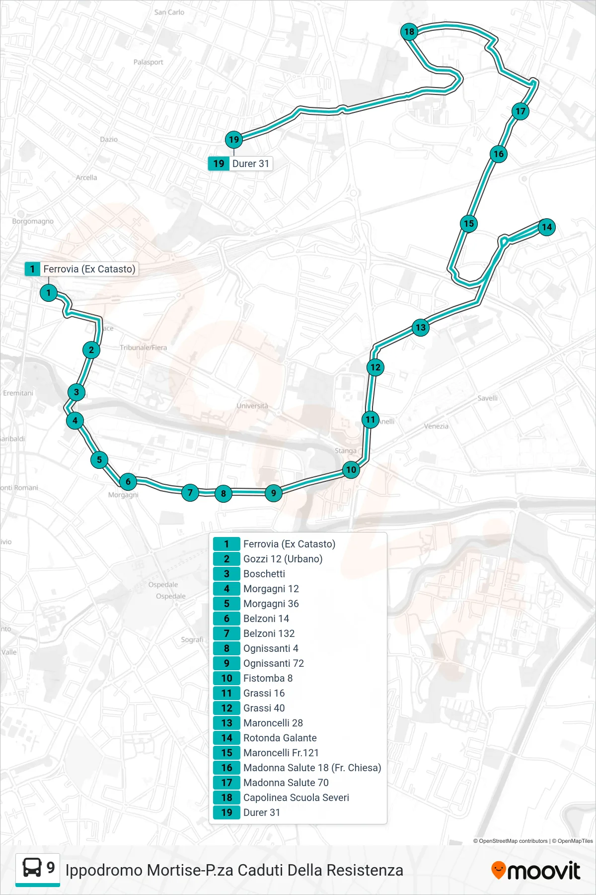 Linea 9  tram (Ferrovia (Ex Catasto) > Rotonda Galante > Scuola Severi > Durer 31) - Percorsi e fermate sulla mappa