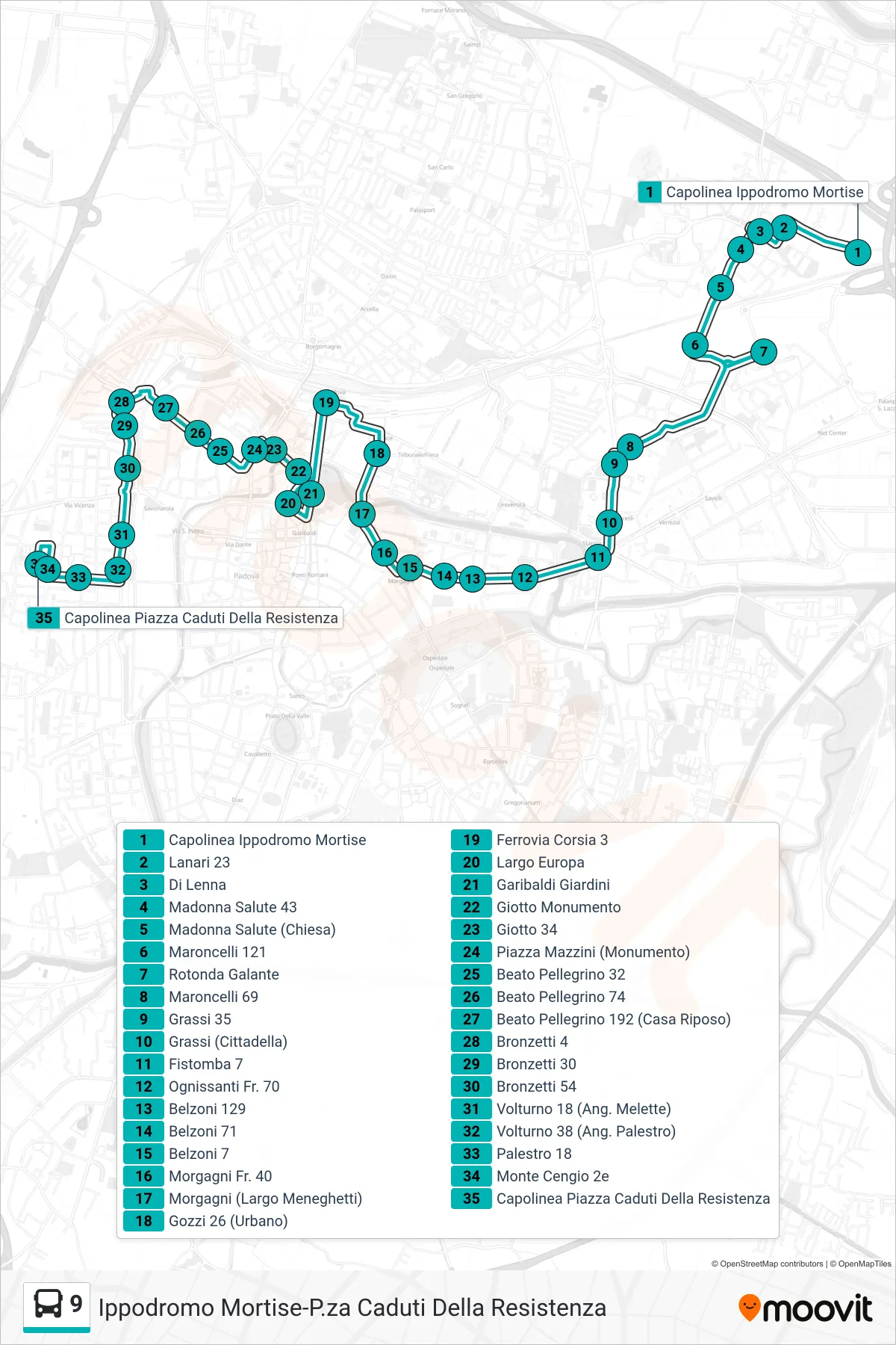 Linea 9  tram (Ippodromo Mortise > Capolinea Piazza Caduti Resistenza) - Percorsi e fermate sulla mappa