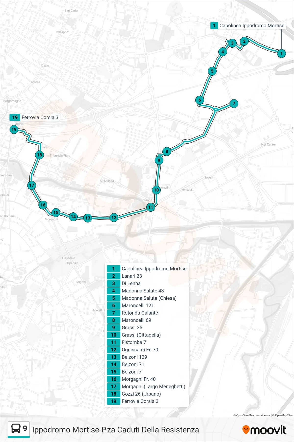 Linea 9  tram (Capolinea Ippodromo Mortise > Ferrovia) - Percorsi e fermate sulla mappa