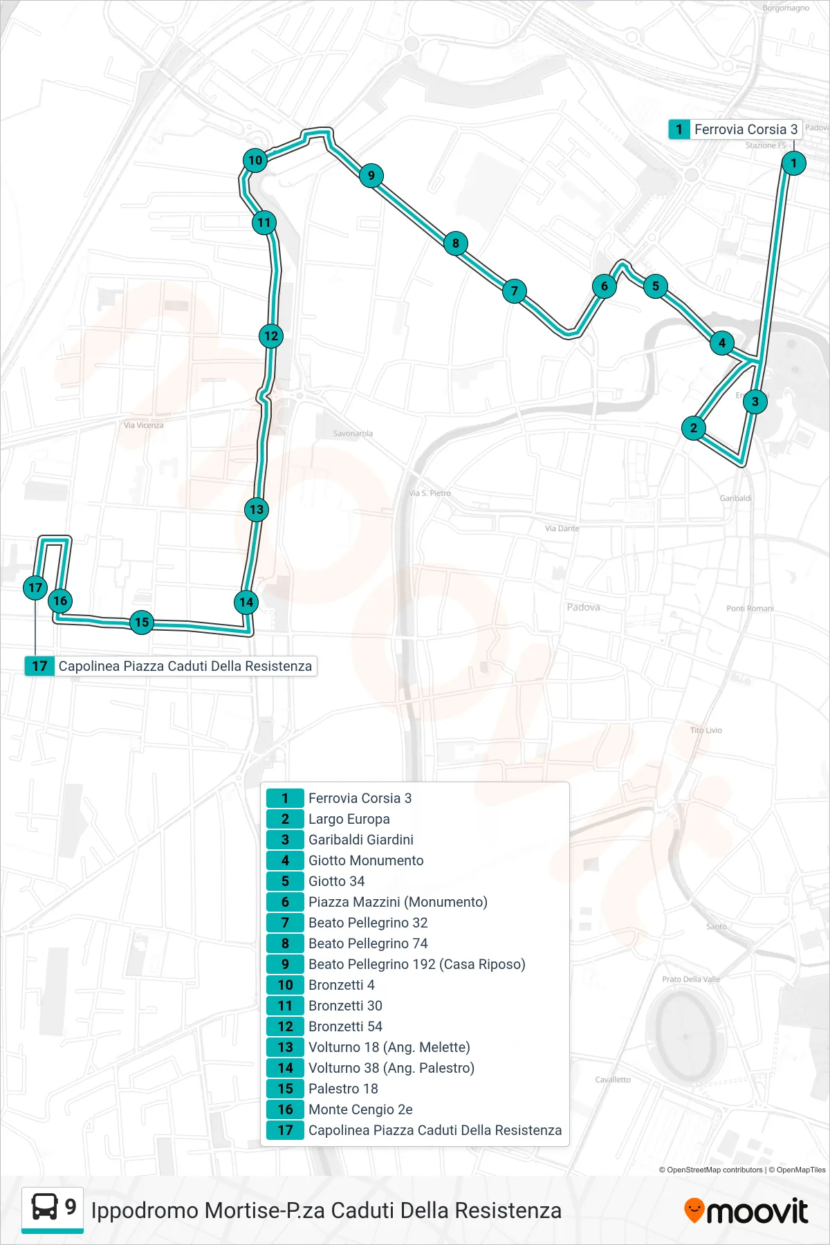Linea 9  tram (Ferrovia > Capolinea Piazza Caduti Resistenza) - Percorsi e fermate sulla mappa