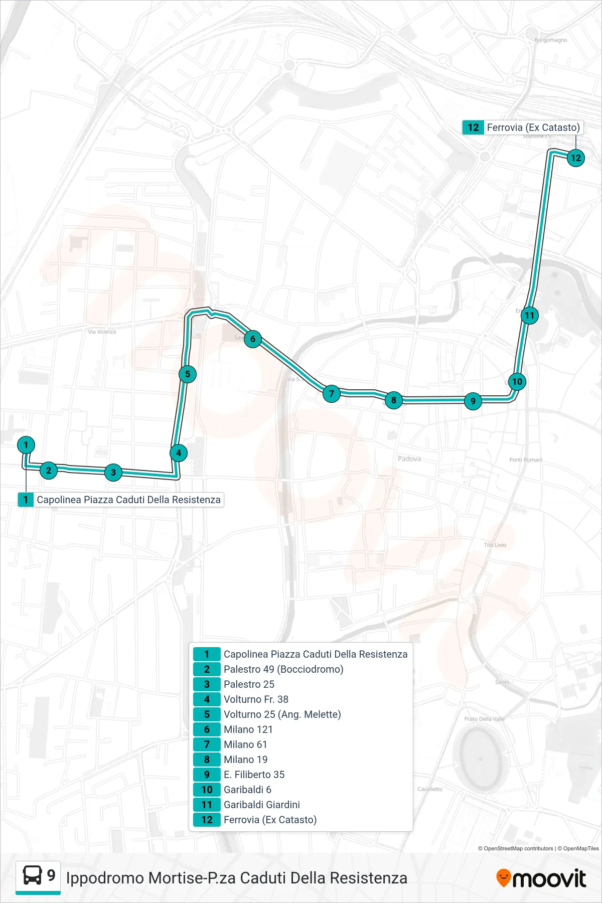 Linea 9 tram (Piazza Caduti Resistenza > Corso Milano > Ferrovia (Ex Catasto)) - Percorsi e fermate sulla mappa