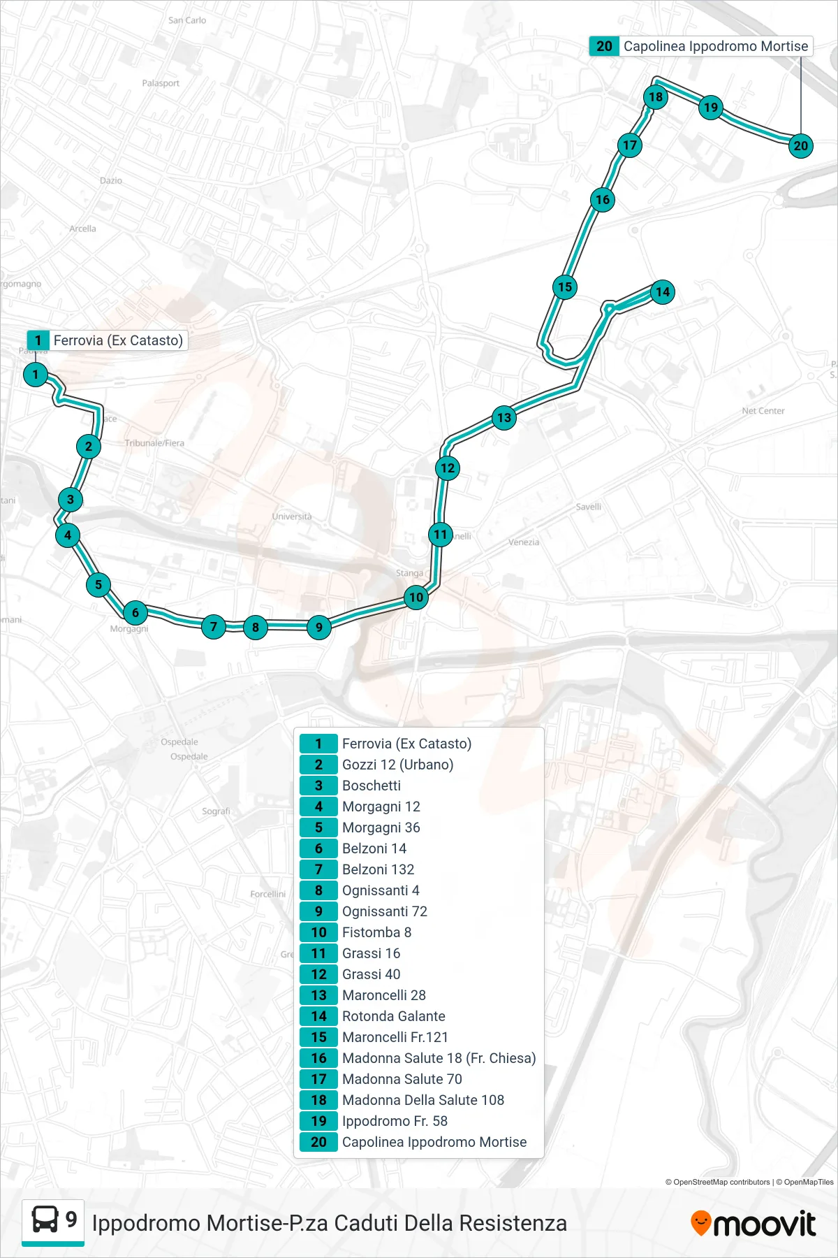 Linea 9 tram (Ferrovia (Ex Catasto) > Capolinea Ippodromo Mortise) - Percorsi e fermate sulla mappa