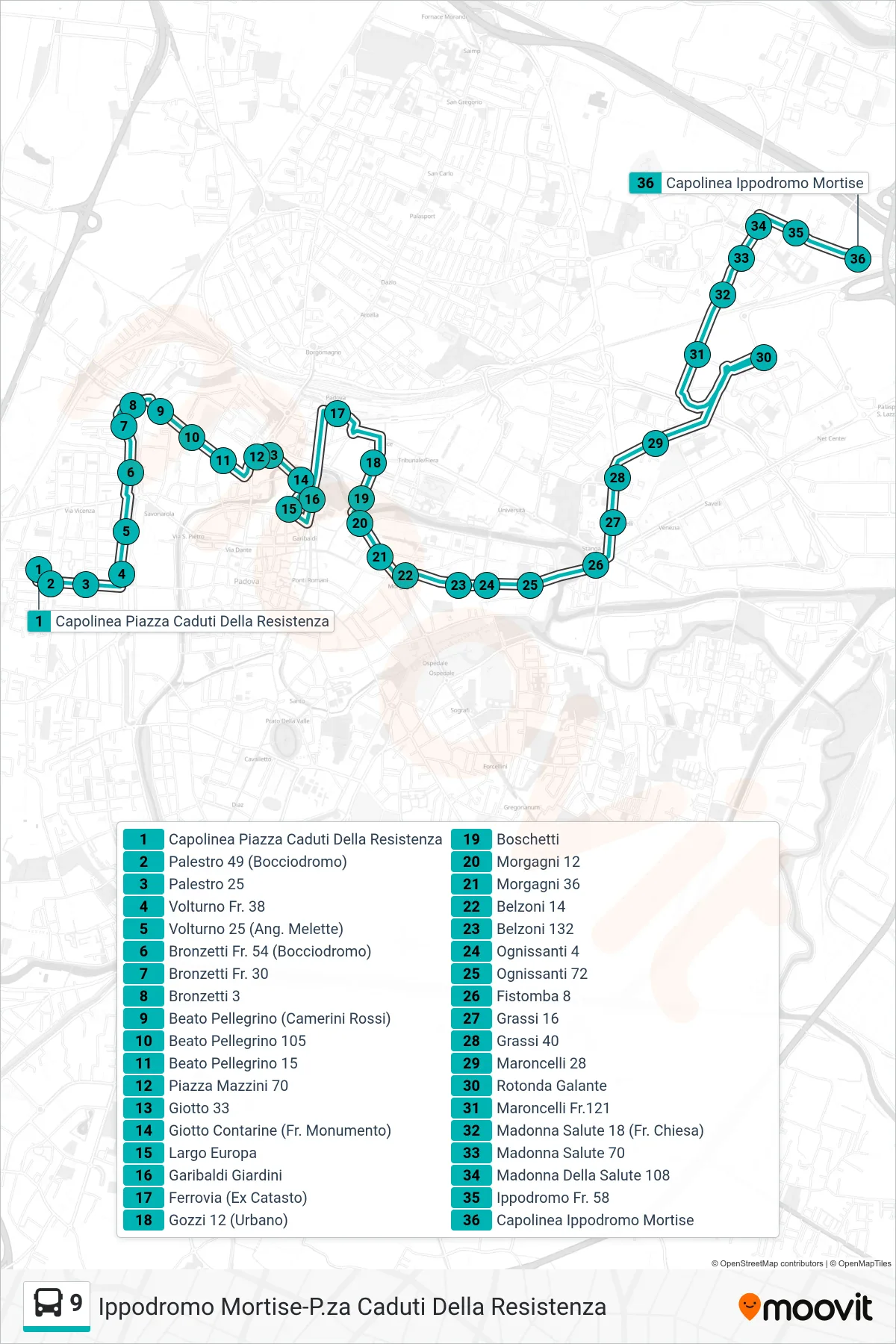 Linea 9 tram (Piazza Caduti Resistenza > Largo Europa > Capolinea Ippodromo Mortise) - Percorsi e fermate sulla mappa