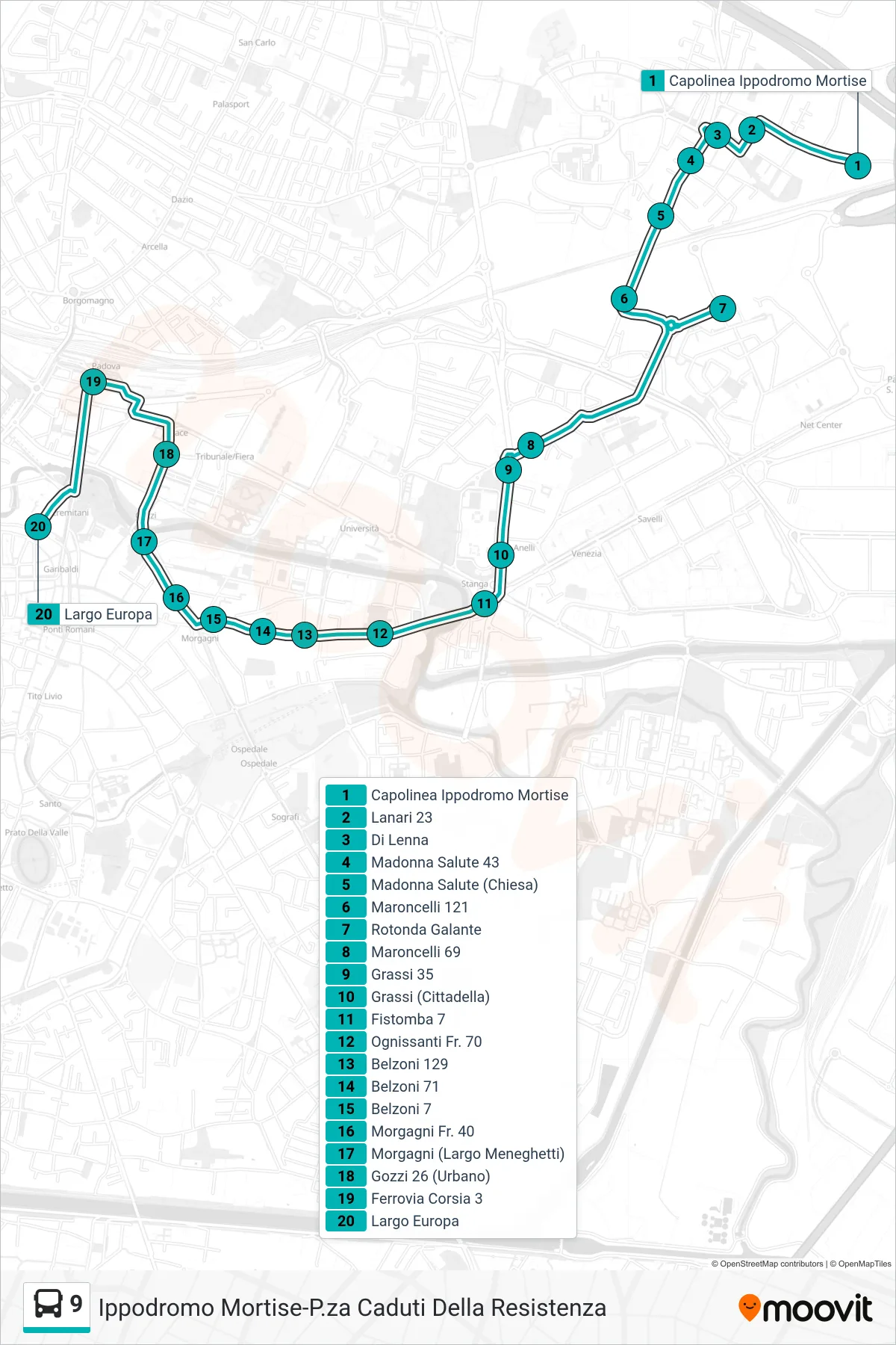 Linea 9 tram (Capolinea Ippodromo Mortise > Largo Europa) - Percorsi e fermate sulla mappa