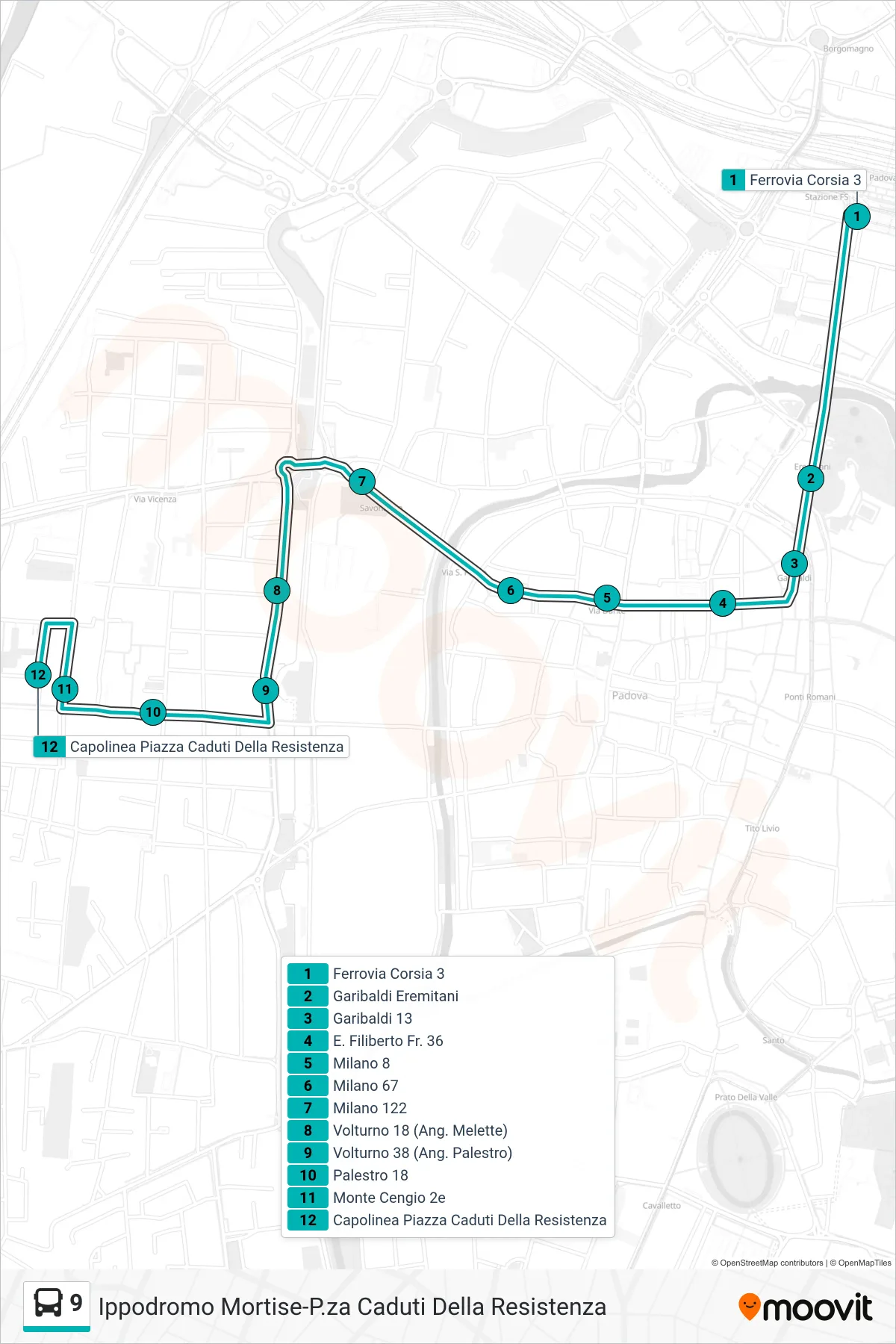 Linea 9  tram (Ferrovia > Capolinea Piazza Caduti Resistenza (DIRETTA)) - Percorsi e fermate sulla mappa