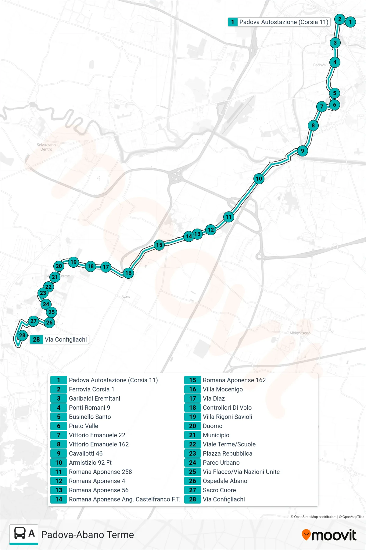 A tram Line (Padua > Mandria San Daniele > Abano Configliachi) route and stops on a map
