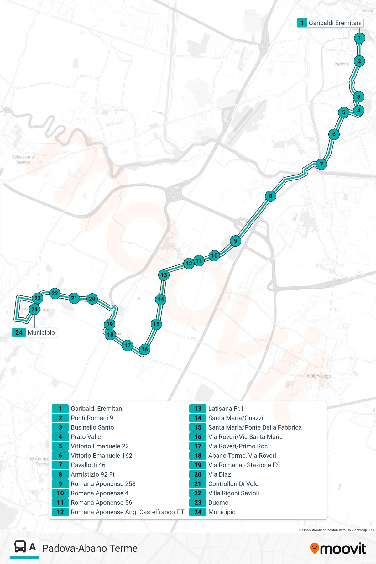 Linea A tram (Padova Garibaldi Eremitani > Giarre > Abano Municipio) - Percorsi e fermate sulla mappa