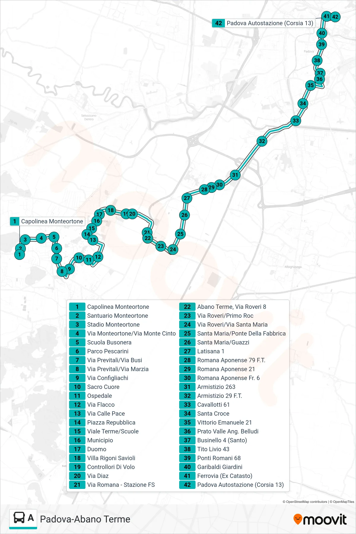 Linea A  tram (Capolinea Monteortone > Padova Autostazione) - Percorsi e fermate sulla mappa