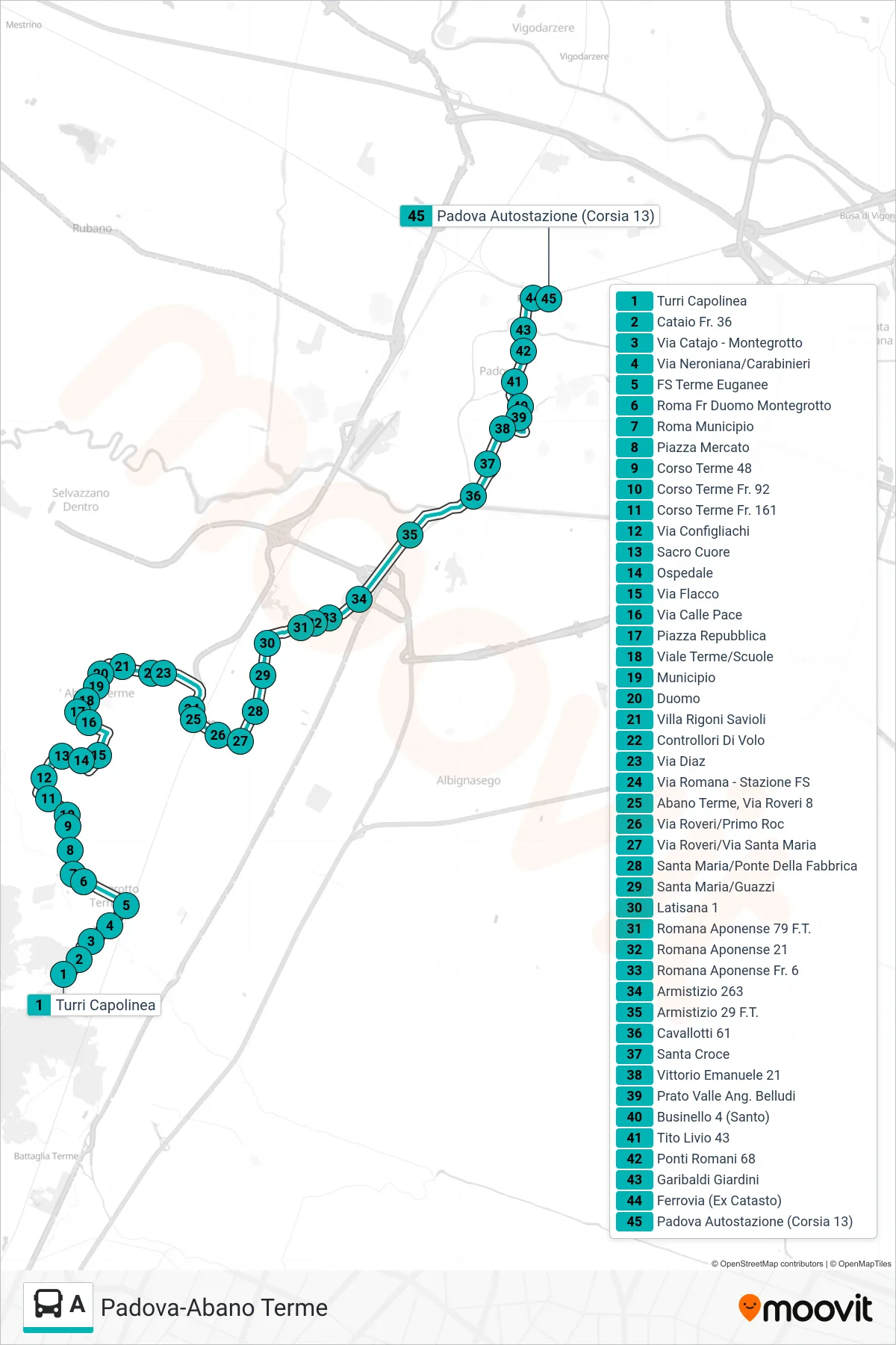 A tram Line (Turri Terminal > Padova Bus Station) route and stops on a map