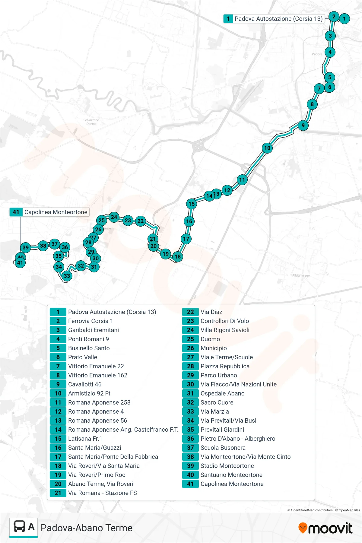 Linea A  tram (Padova Autostazione > Capolinea Monteortone) - Percorsi e fermate sulla mappa